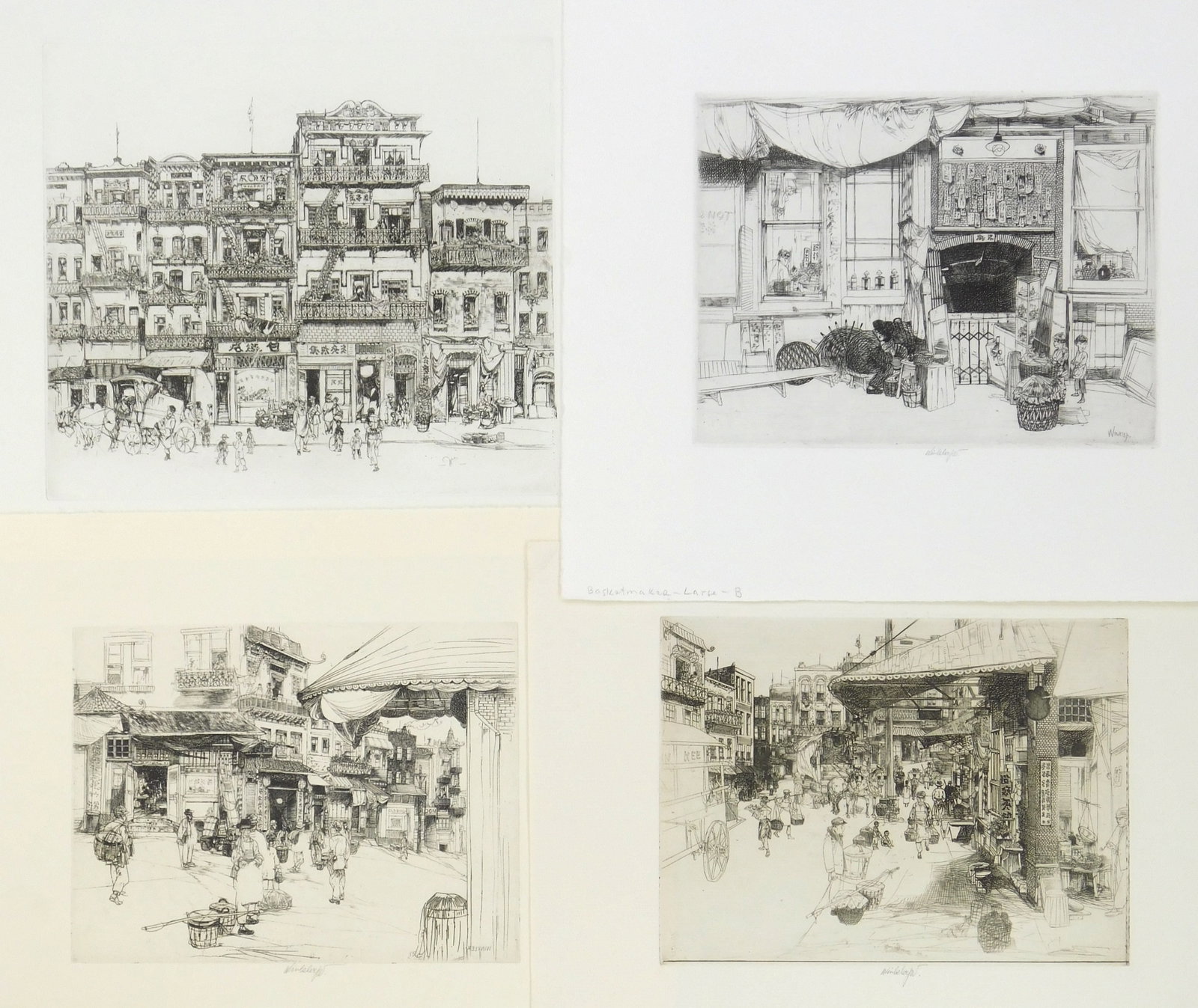 4 John Winkler (American, 1890-1979) etchings: Basket Maker; Facades; Large Awning on Jackson ST. & Waverly Place 4 etchings, each signed in pencil. 8 1/8 x 8 7/8" (largest image) Provenance: Private collection- Cleveland, OH
