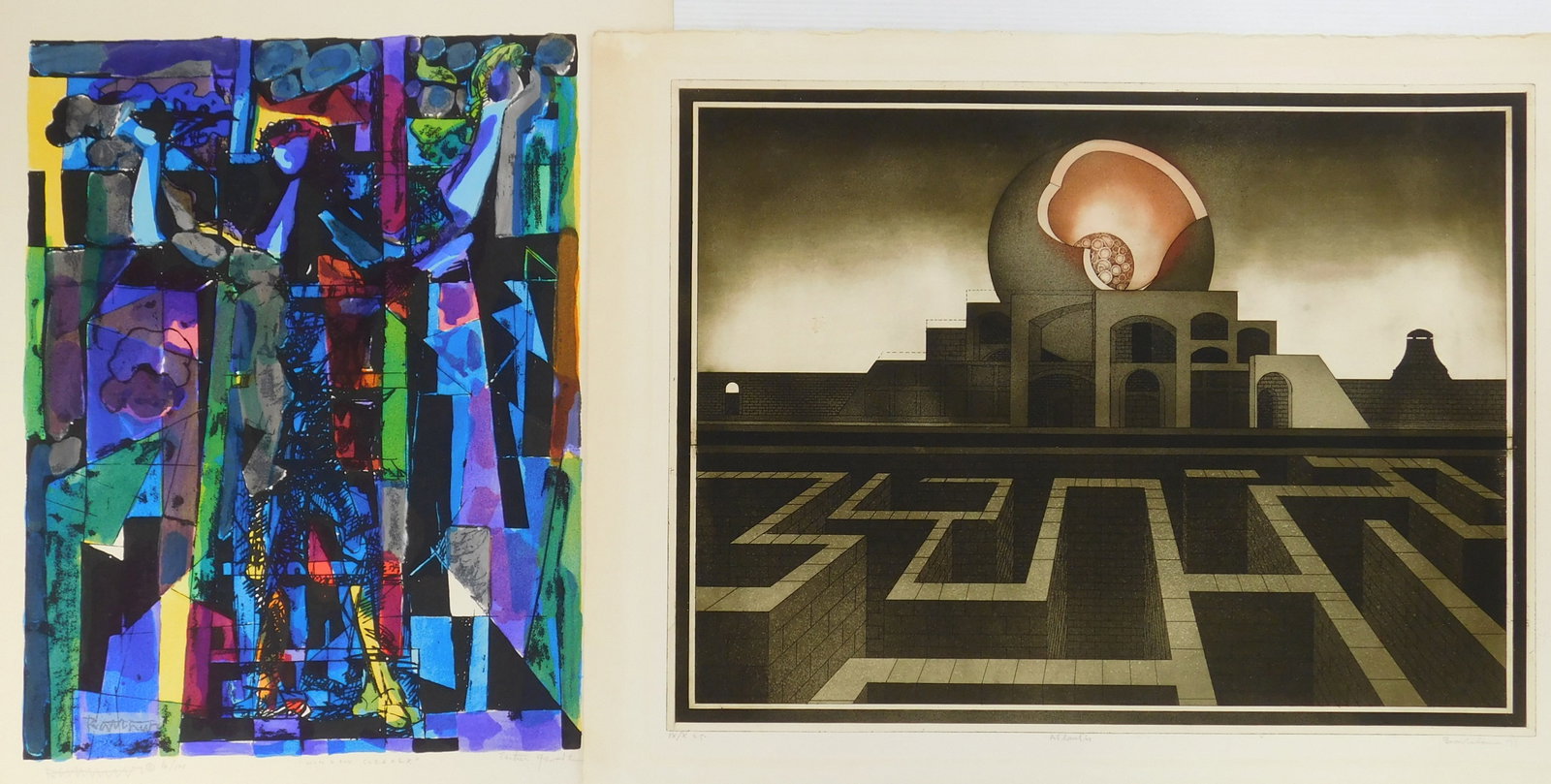 2 Contemporary prints: 1). Abraham Rattner (American, 1893-1978)- Window Cleaner- lithograph in colors, signed, titled and numbered 16/100 in pencil. 21 3/4 x 17'' 2). Bartolomeu dos Santos (Portugue
