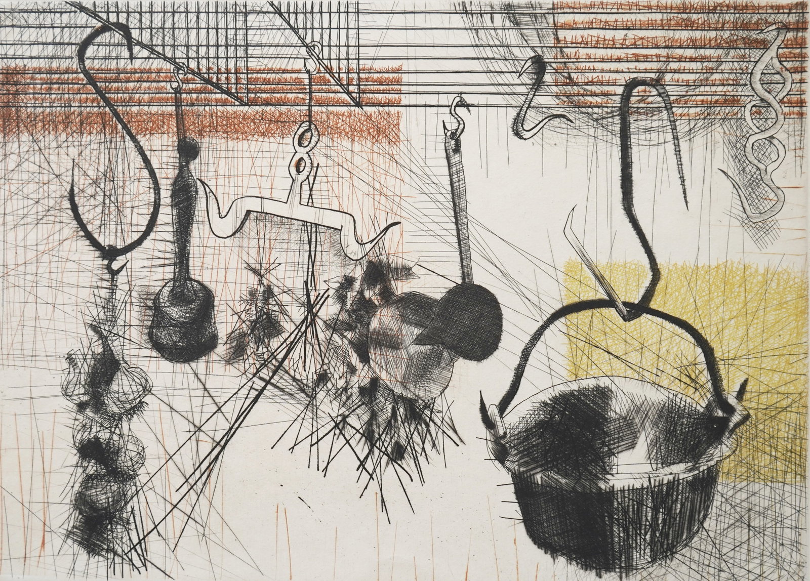 Marcelle Amsler (French, 1928-2013) etching: Les Crochets etching in colors, signed, titled and numbered 18/25 in pencil. 9 1/2 x 13 1/2" Provenance: Private collection- Cleveland, OH *** PLEASE READ: IMPORTANT NOTE About S&H *** S