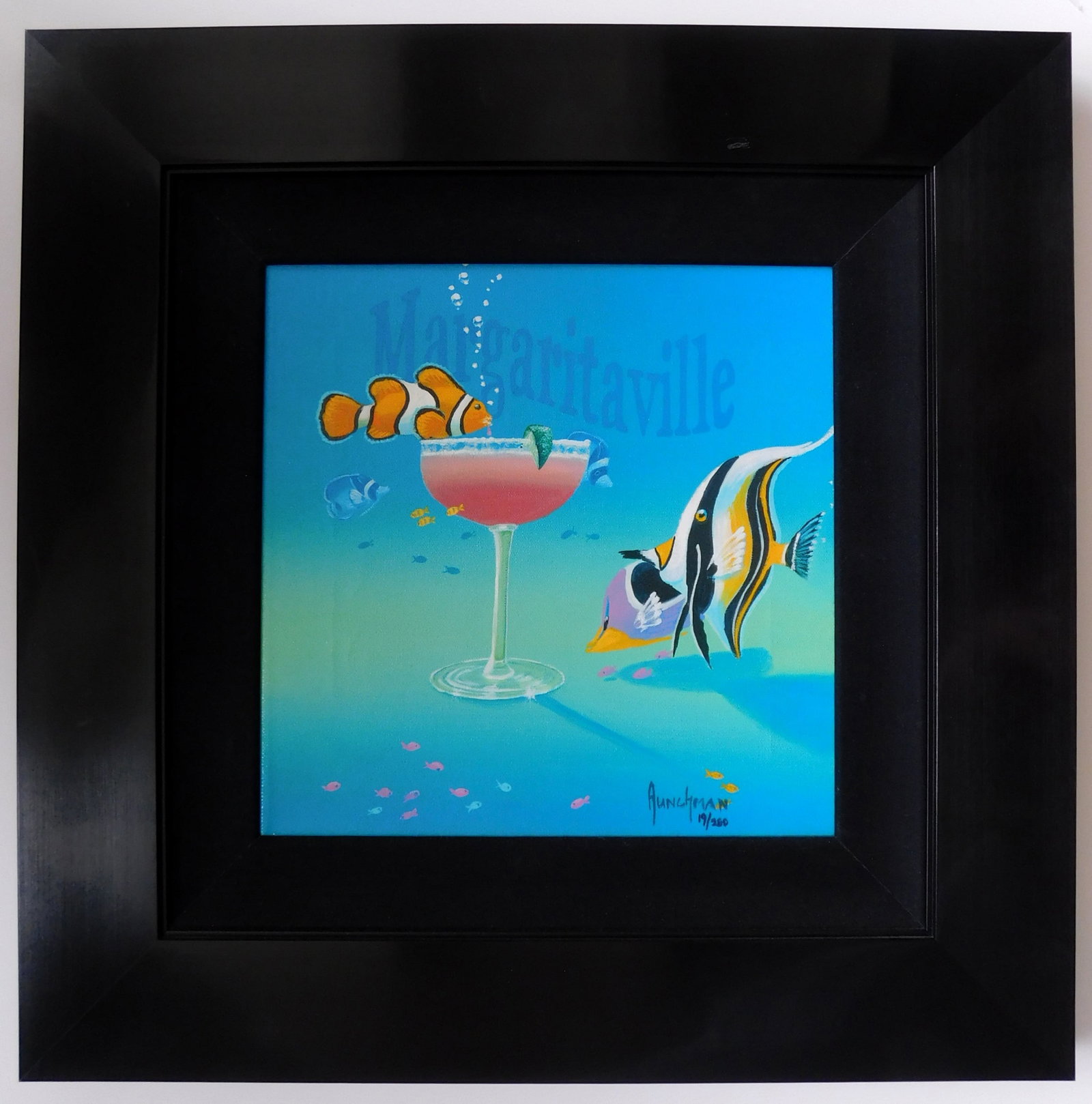 Kenneth F. Aunchman (American, 20th/ 21st c.) 3D giclee on canvas: Margaritaville 3d giclee on canvas, signed and numbered 19/250 in ink, framed. 12 x 12" Provenance: Private collection- Chardon, OH *** PLEASE READ: IMPORTANT NOTE About S&H *** S&