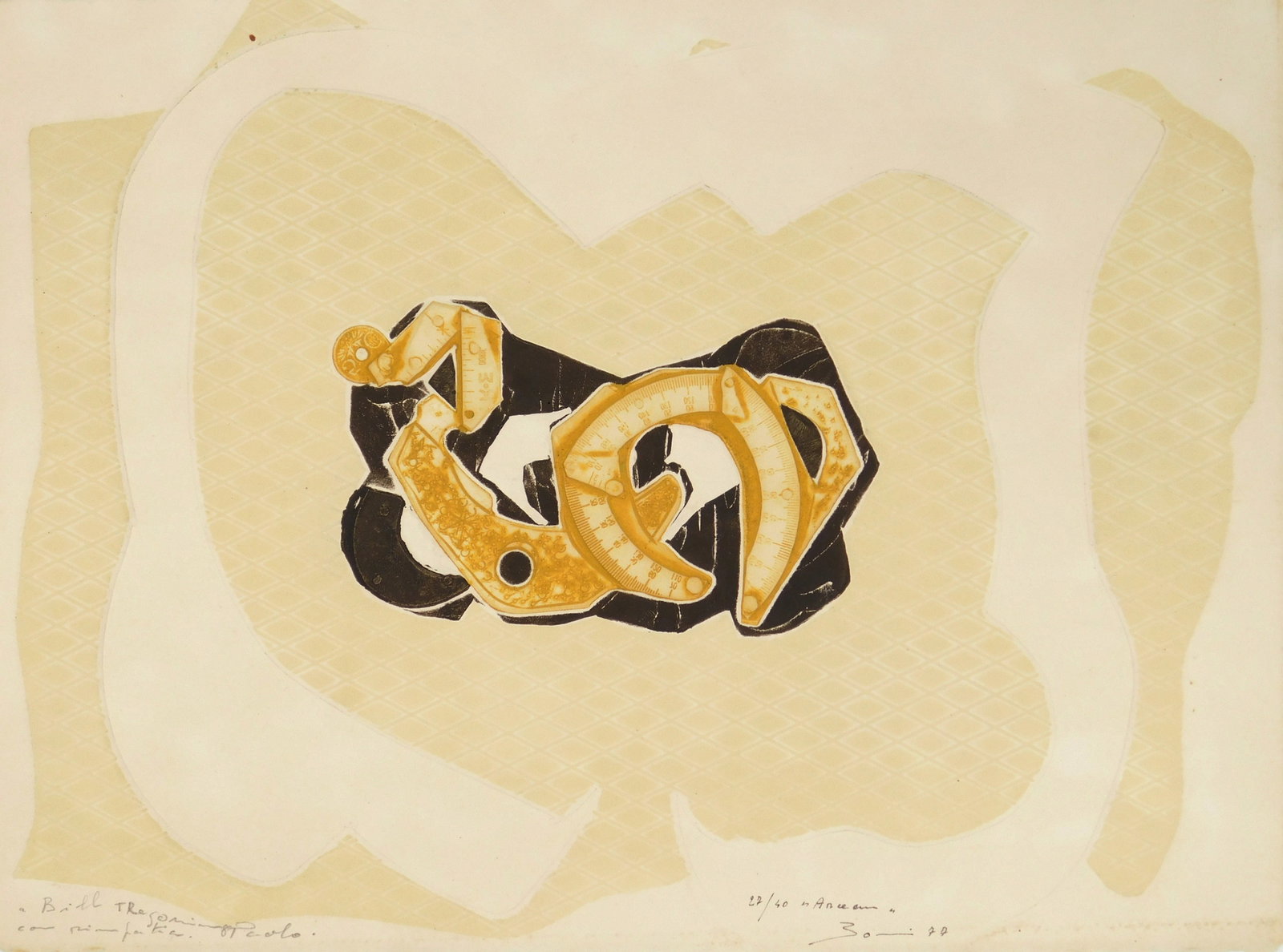 Paolo Boni (Italian, 1926-2017) etching with embossing: Untitled etching with embossing, 1977, signed, dated and numbered 27/400 in ink. inscribed in pencil. 10 3/4 x 14 1/4" Provenance: Private collection- Cleveland, OH *** PLEASE READ: IMPORTA