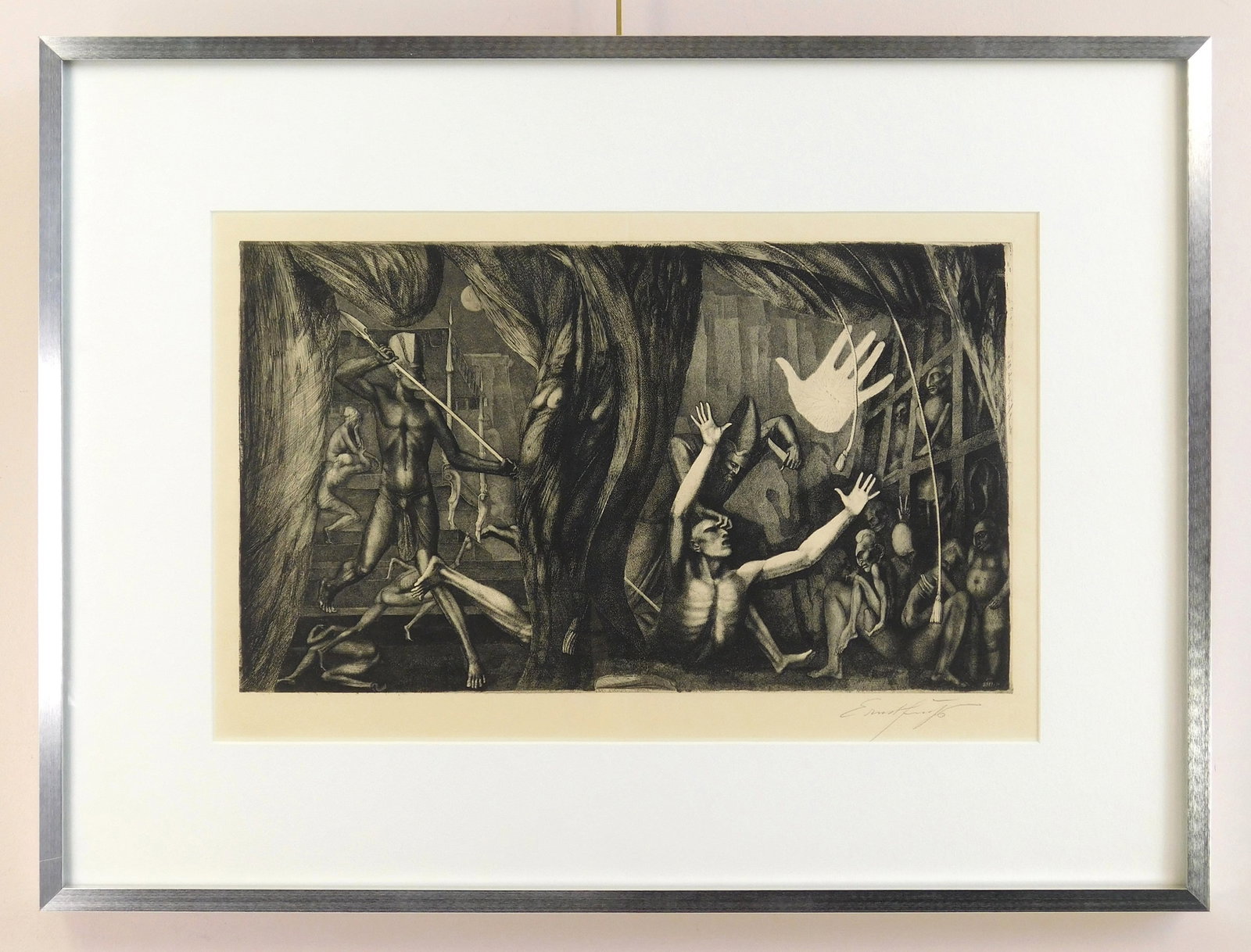 Ernst Fuchs (Austrian, 1930-2015) lithograph: Die Blendung Samsons lithograph, 1964, signed in pencil, edition of 417, as published in a book. 12 x 20 3/4" Literature: Weis 78 IIc Provenance: A Canton area non-profit *** PLEASE READ: