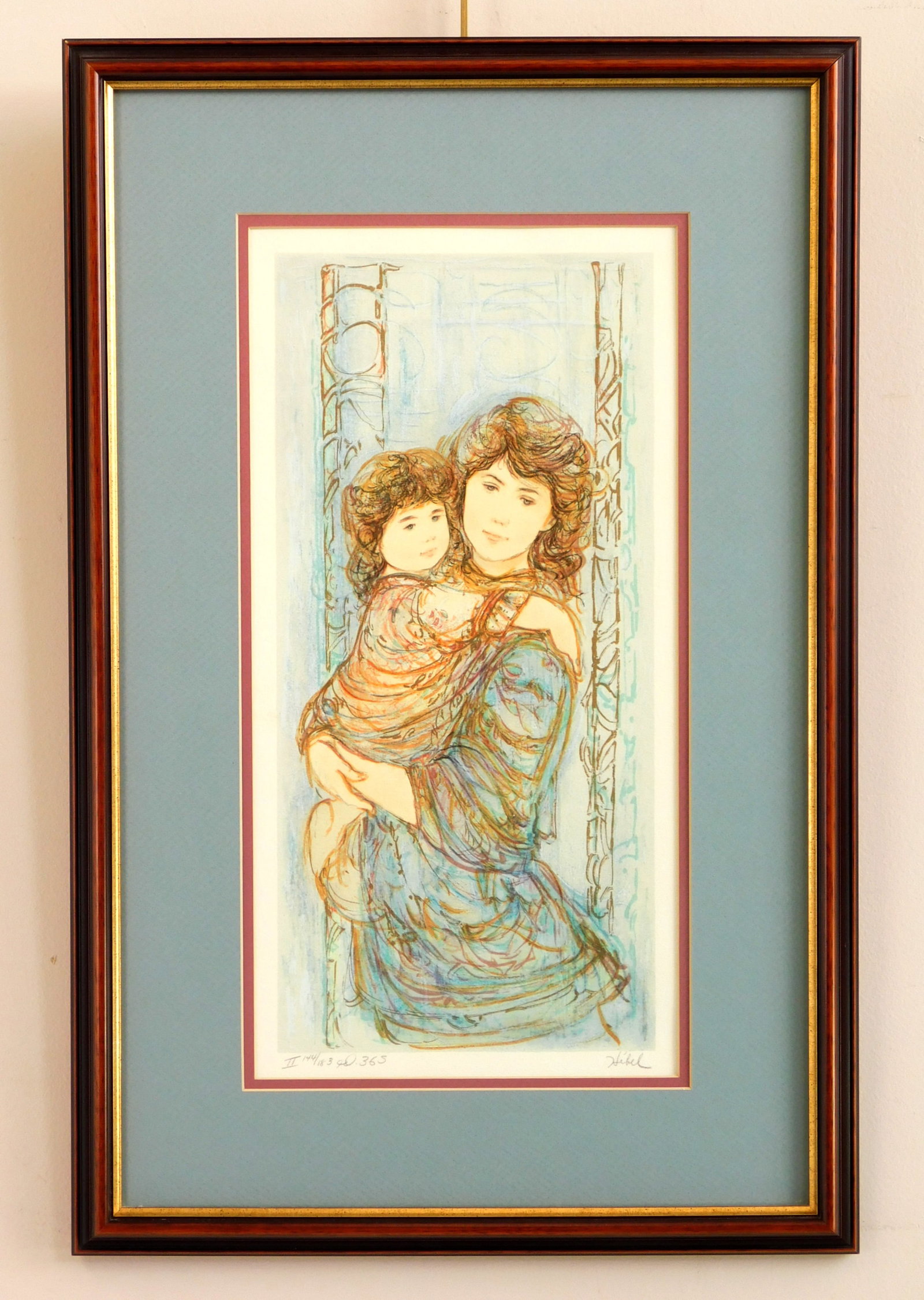 Edna Hibel (American, 1917-2014) lithograph: Andria & Edwina lithograph in colors, signed and numbered II 144/183 ed,365 in pencil, matted and framed. 17 x 8" Provenance: Private collection- Chardon, OH *** PLEASE READ: IMPOR
