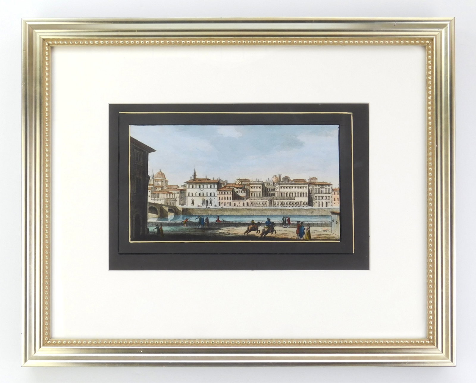 19th c. European engraving with hand-coloring: Veduta del Palazzo Corsini Lungo etching with hand-coloring, from The Views of Florence, matted and framed. 5 3/4 x 10" Provenance: Private collection- Columbus, OH Gerhard Wurzer Gallery- H