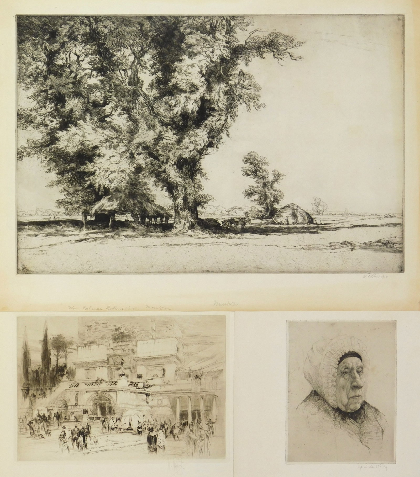 3 19th/ 20th c. etchings- Le Riche, Robins & Walcott: 1). Henri Le Richey (French, 1868-1944)- Vielle Bourguignonne- etching, signed in pencil. 6 3/4 x 5" 2). William Palmer Robins (English, 1882-1959) Monkton- etching, 1924, si
