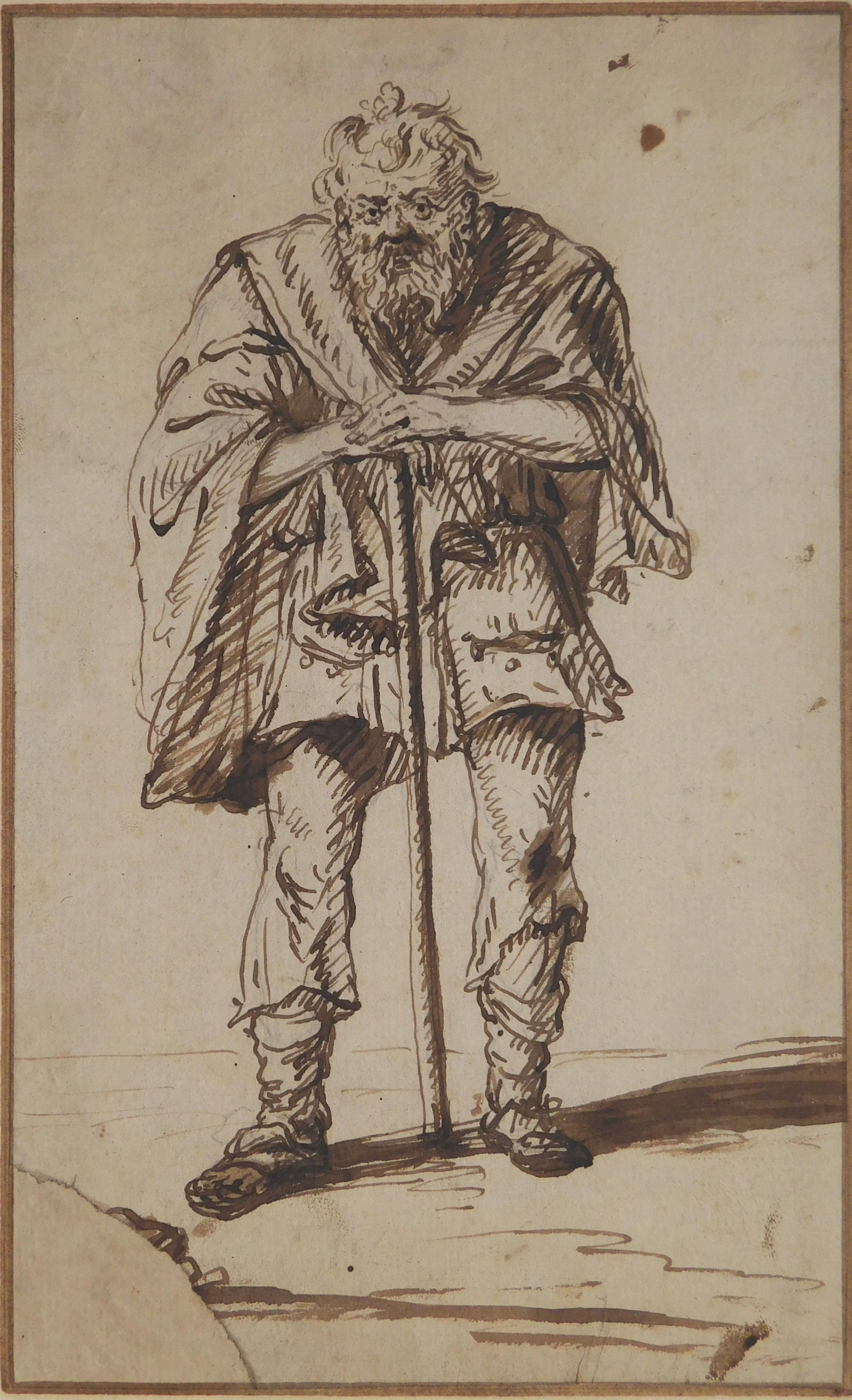 Circle of Jacques Callot (1592-1653) brown ink drawing: Standing Man with a Staff brown ink on heavy laid paper. 10 1/2 x 6 1/2" Provenance: Private collection- Beachwood, OH *** PLEASE READ: IMPORTANT NOTE About S&H *** S&H of this auction w