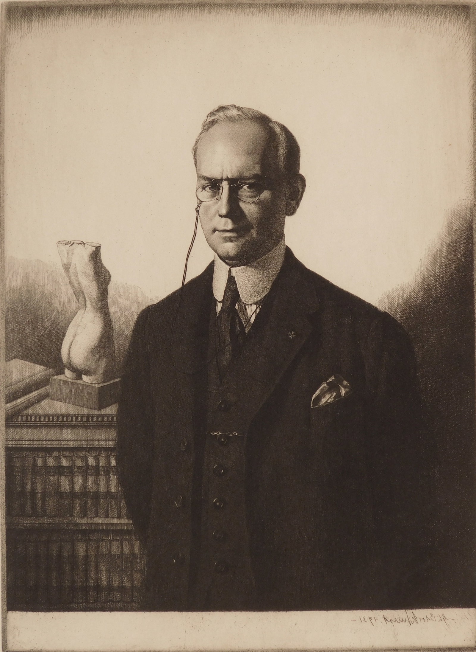Gerald L. Brockhurst (British, 1890-1978) etching: Portrait of Charles C. Carpenter Esq. etching, 1931-32, signed in pencil, edition of 77 .11 5/8 x 8 3/4" Literature: Fletcher 71 Provenance: Private collection- New Orleans, LA *** PLEASE READ:
