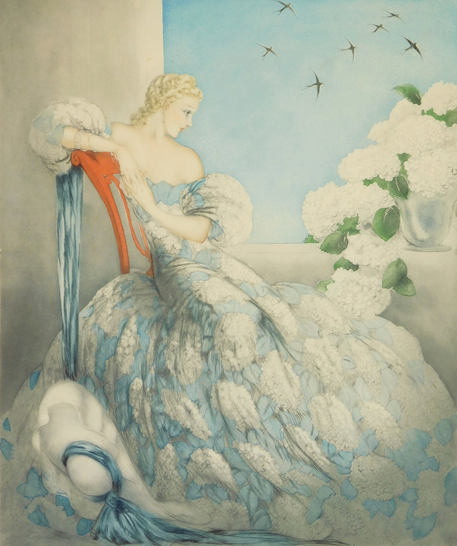 Louis Icart (French,1888-1950) etching: Symphony in Blue etching in colors, 1936, signed in pencil, windmill blind stamp. 23 x 19'' Literature: W. Holland, ''Louis Icart, The Complete Etchings,'' Atglen, PA, 199
