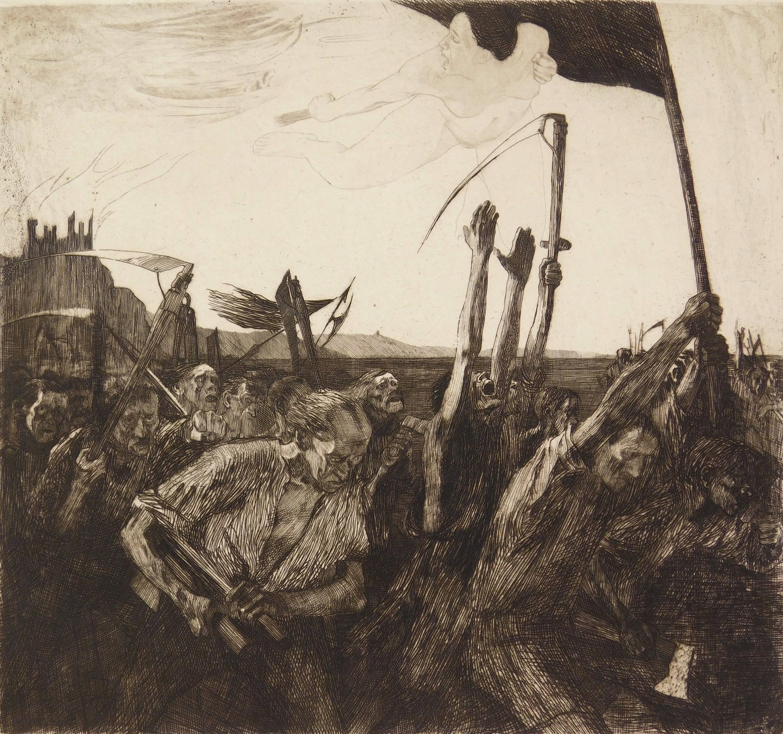 Kathe Kollwitz (German, 1867-1945) etching: Aufruhr etching, 1899, published in 1945 by Van Der Becke, with their blind stamp lower right. 11 x 11 3/4" Literature: Klipstein 44viii/VIII Provenance: Private collection- Mentor, OH **