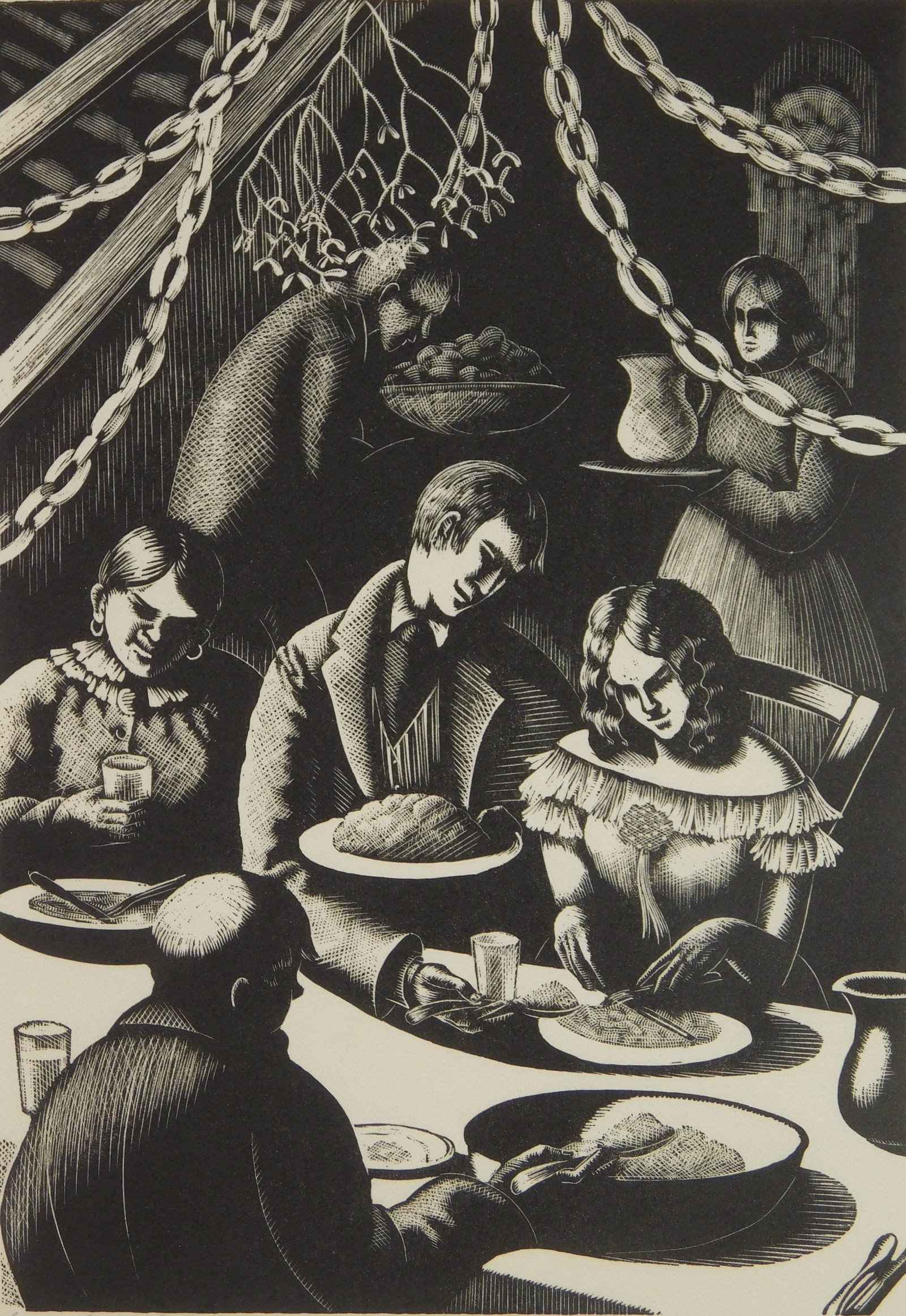 Clare Leighton (British, 1898-1989) wood engraving: The Tranter's Party wood engraving, 1940, signed, titled and numbered7/30 in pencil. 6 15/16 x 4 7/8" Literature: Boston Public Library 440 Provenance: Private collection- New York, NY