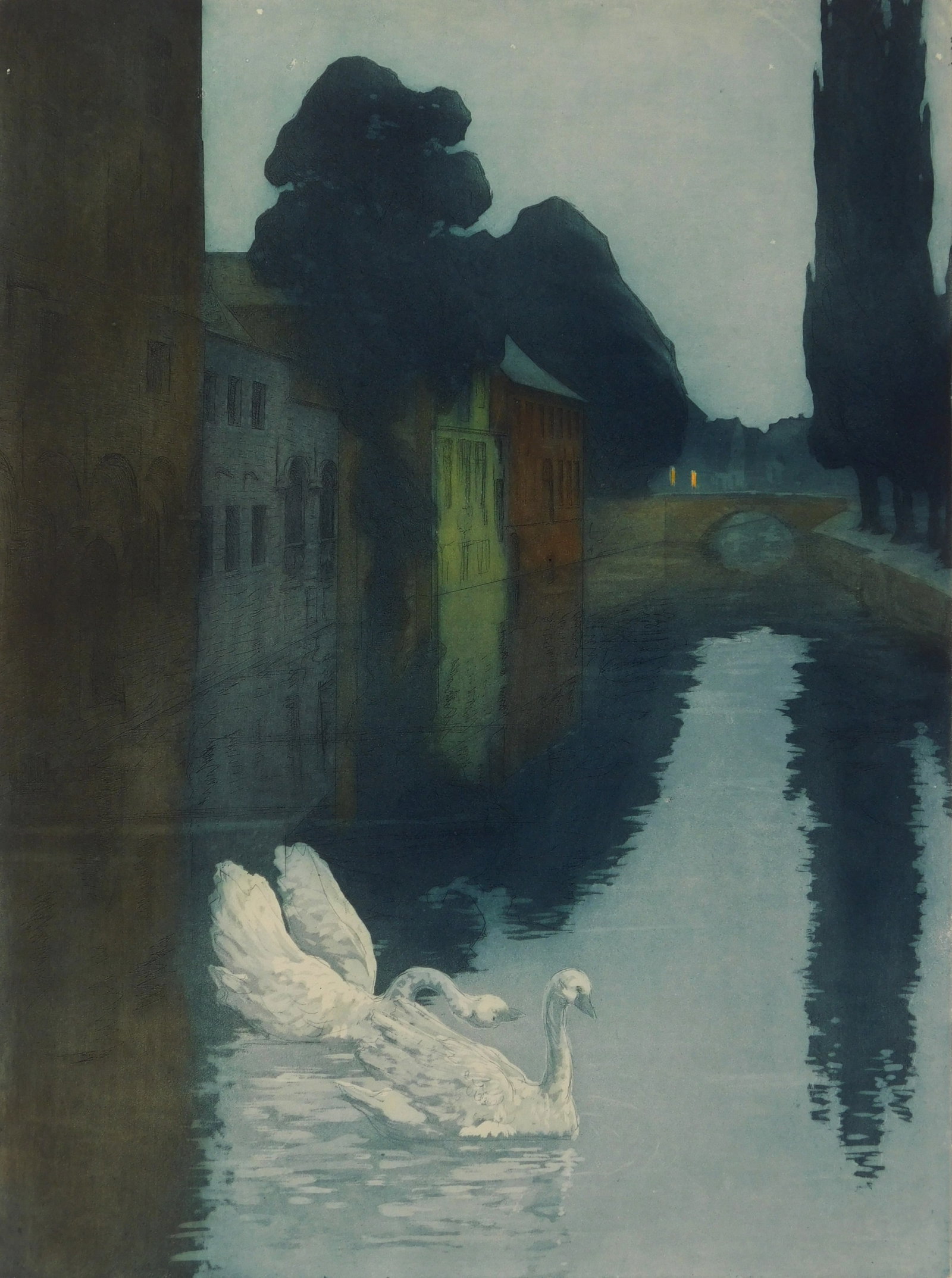 Gustave- Henri Marchetti (French, 1873- ) aquatint: Swans on Lake etching and aquatint in colors, signed and numbered in pencil. 21 1/2 x 16", Provenance: Private collection- Cleveland Heights, OH *** PLEASE READ: IMPORTANT NOTE About S&H **