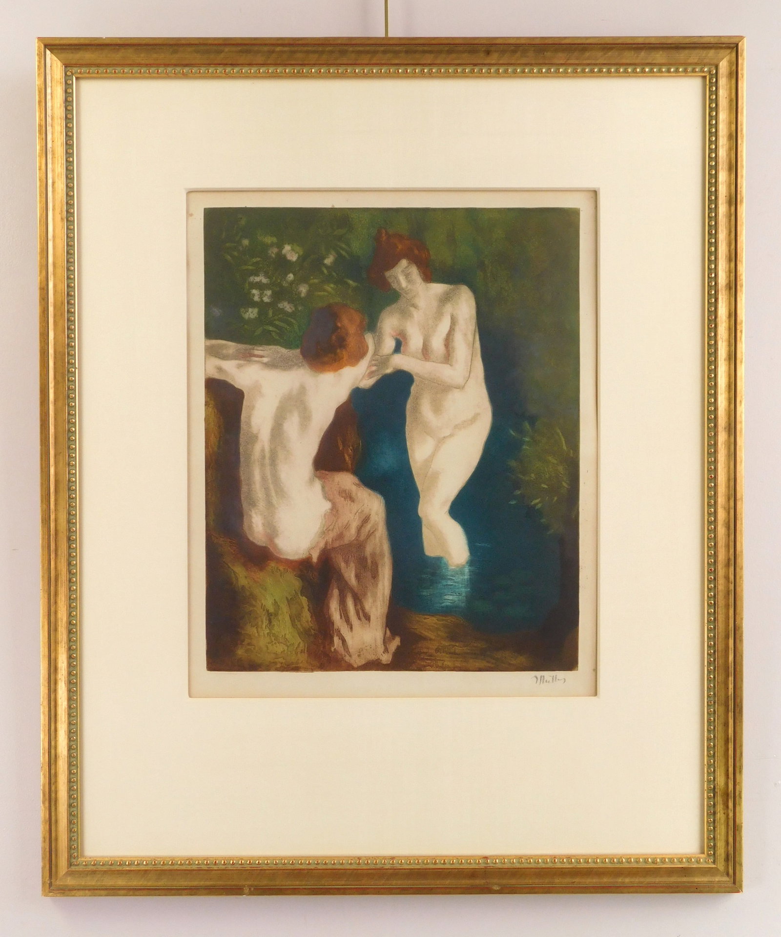 Alfredo Muller (French 1869-1939): Deux Baigneuses Au Ruisseau aquatint in colors, 1908, signed in pencil, edition of 100, matted and framed. 19 3/8 x 15 3/4" Literature: Koehl E. 60 Provenance: Private collection
