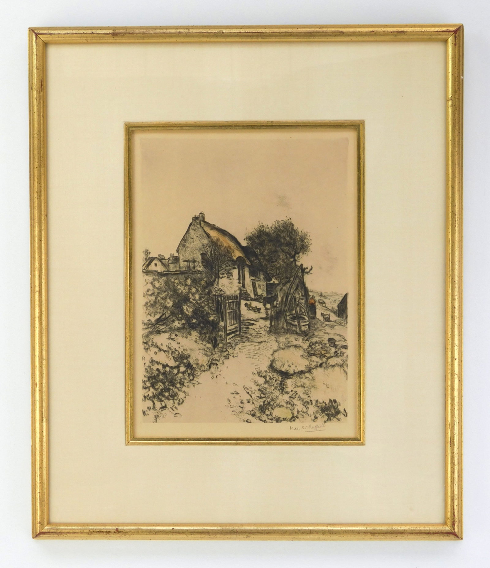 Jean-Francois Raffaelli (French 1850-1924) etching: La Chaumiere etching and drypoint in color, 1914, signed and numbered 80 in pencil, edition of 200, published in 1920. 10 3/8 x 7 1/2'' Literature: Delteil 102 Provenance: