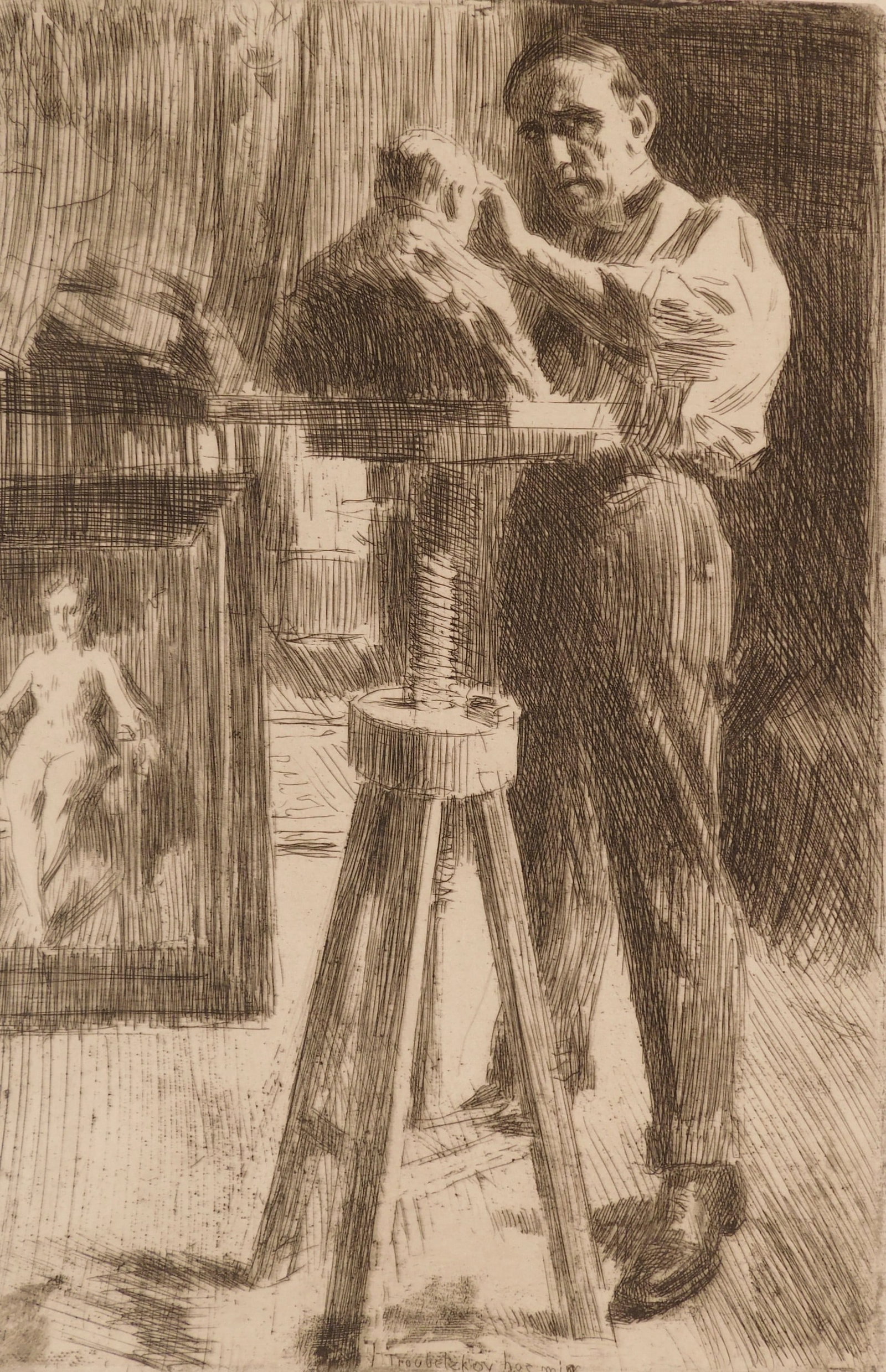 Anders Zorn (Swedish, 1860-1920) etching: Prince Paul Troubetzkoy I etching, 1908, signed in pencil. 12 x 8" Literature: Hjert & Hjert 139 Provenance: Private collection- New Orleans, LA *** PLEASE READ: IMPORTANT NOTE About