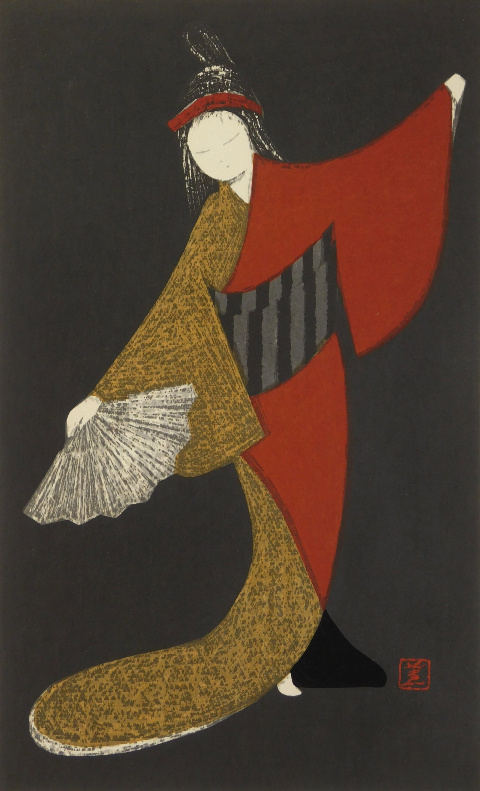 Kaoru Kawano (Japanese 1916-1965) woodblock: Dancing Figure (Mai Ogi) woodblock in colors. 14 1/4 x 8 3/4" Provenance: Private collection- New York, NY *** PLEASE READ: IMPORTANT NOTE About S&H *** S&H of this auction will be handled