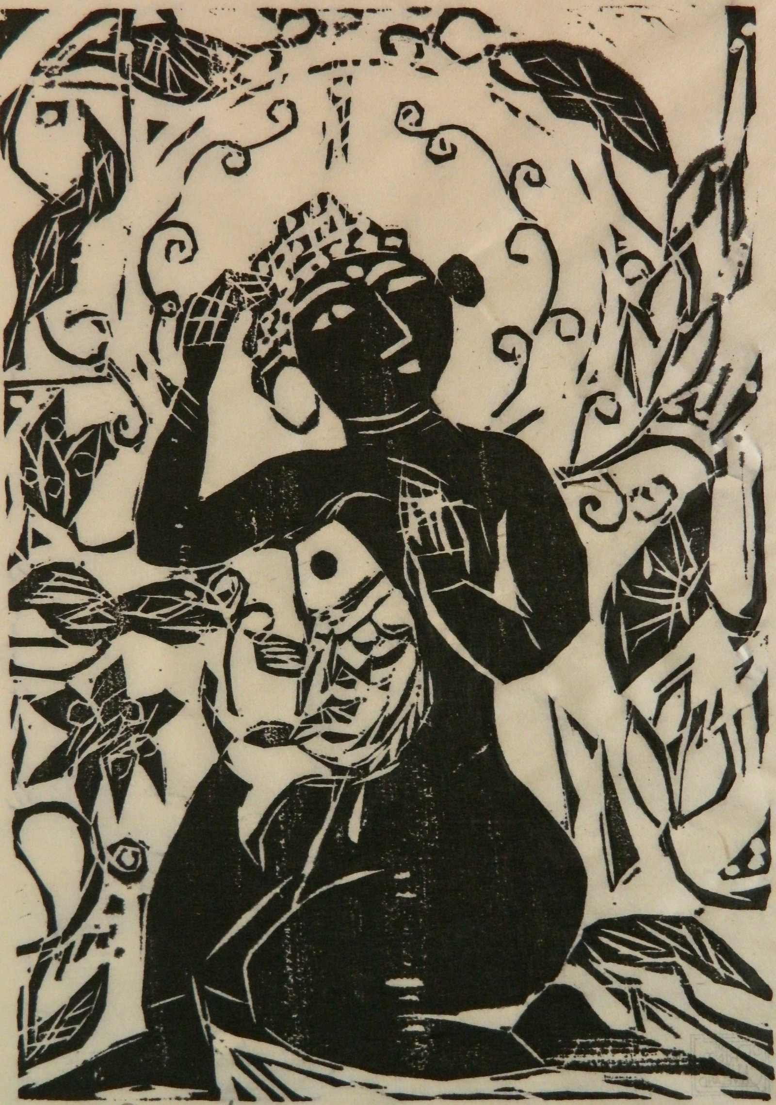 Shiko Munakata (Japanese, 1903-1975) woodcut: Fish and Flower and Female Buddha woodcut, 1957, signed and dated in pencil, edition of 250 plus 10, The Print Club of Cleveland publication no. 37 for 1959. 12 1/2 x 8 5/8'' Proven