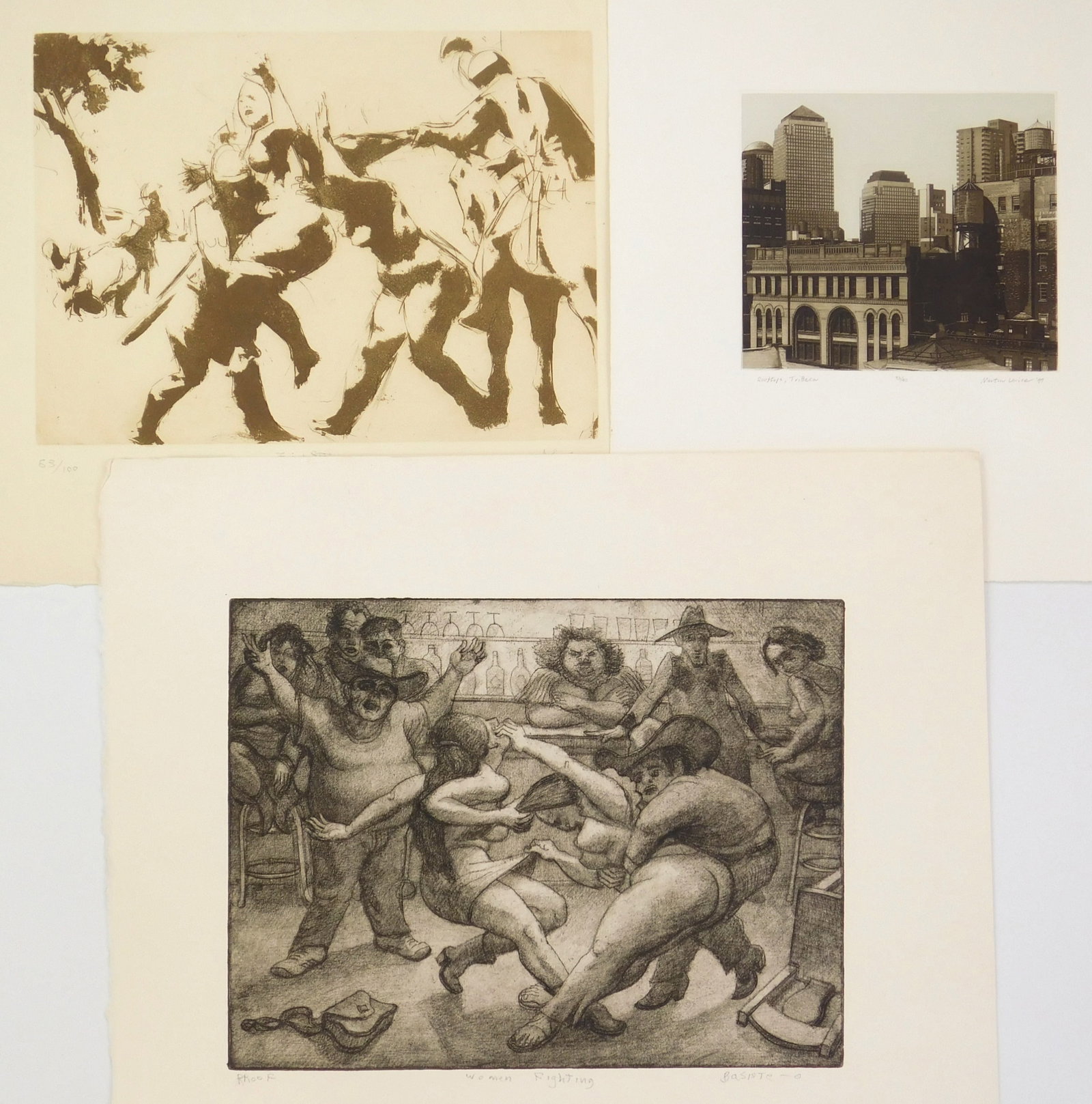 3 American prints: Eli Levin- Women Fighting- etching; Jack Levine- Rape of the Sabines- etching & Martin Levine- Rooftops, Tribeca- etching. All signed in pencil, var