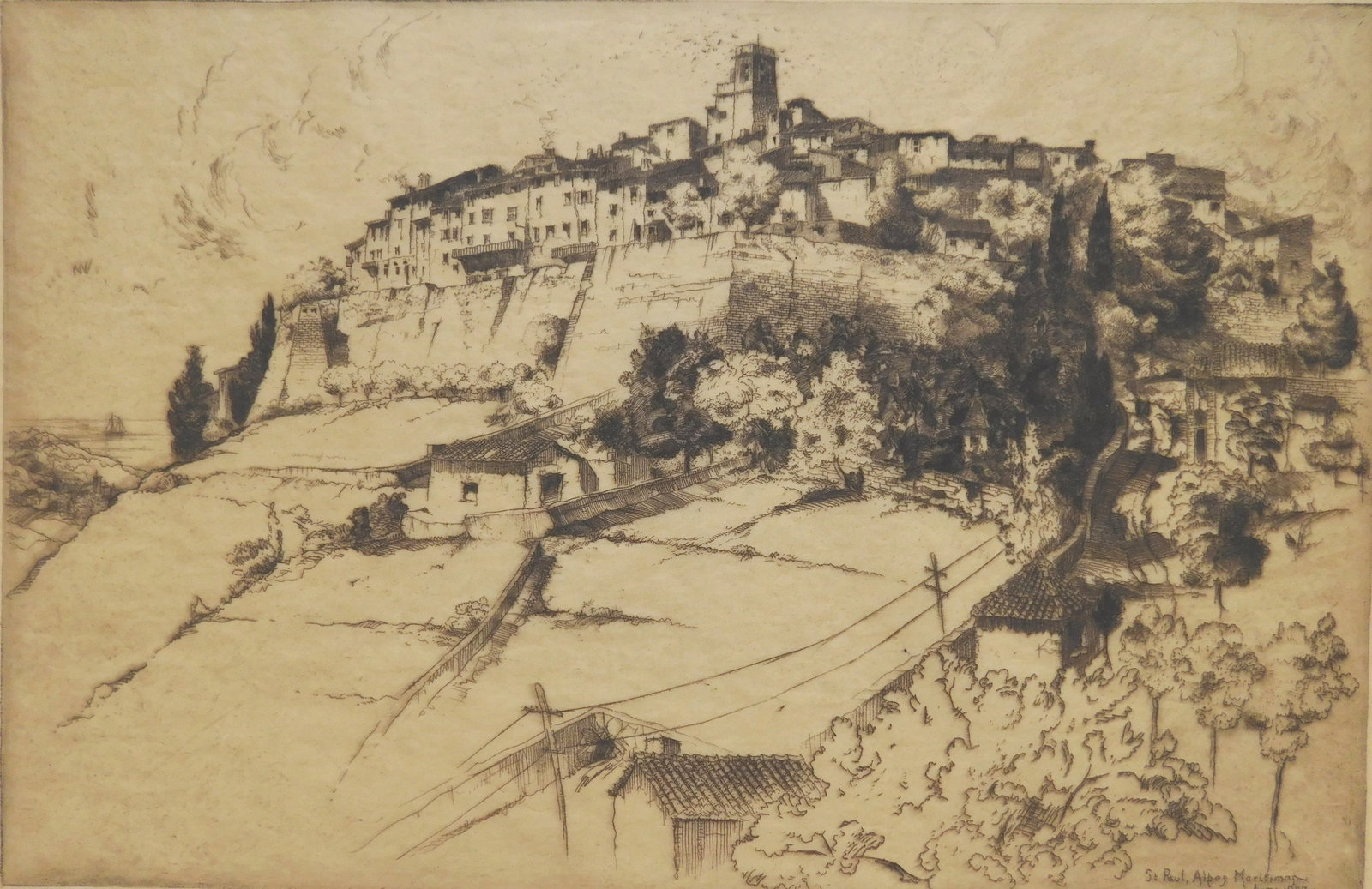 John Taylor Arms (American, 1887-1953) etching: St. Paul, Alpes Maritimes, France etching, 1927, edition of 250 plus 5, The Print Club of Cleveland publication no. 4. 7 9/16 x 11 9/16'' Literature: Fletcher 201 Provenance: Privat