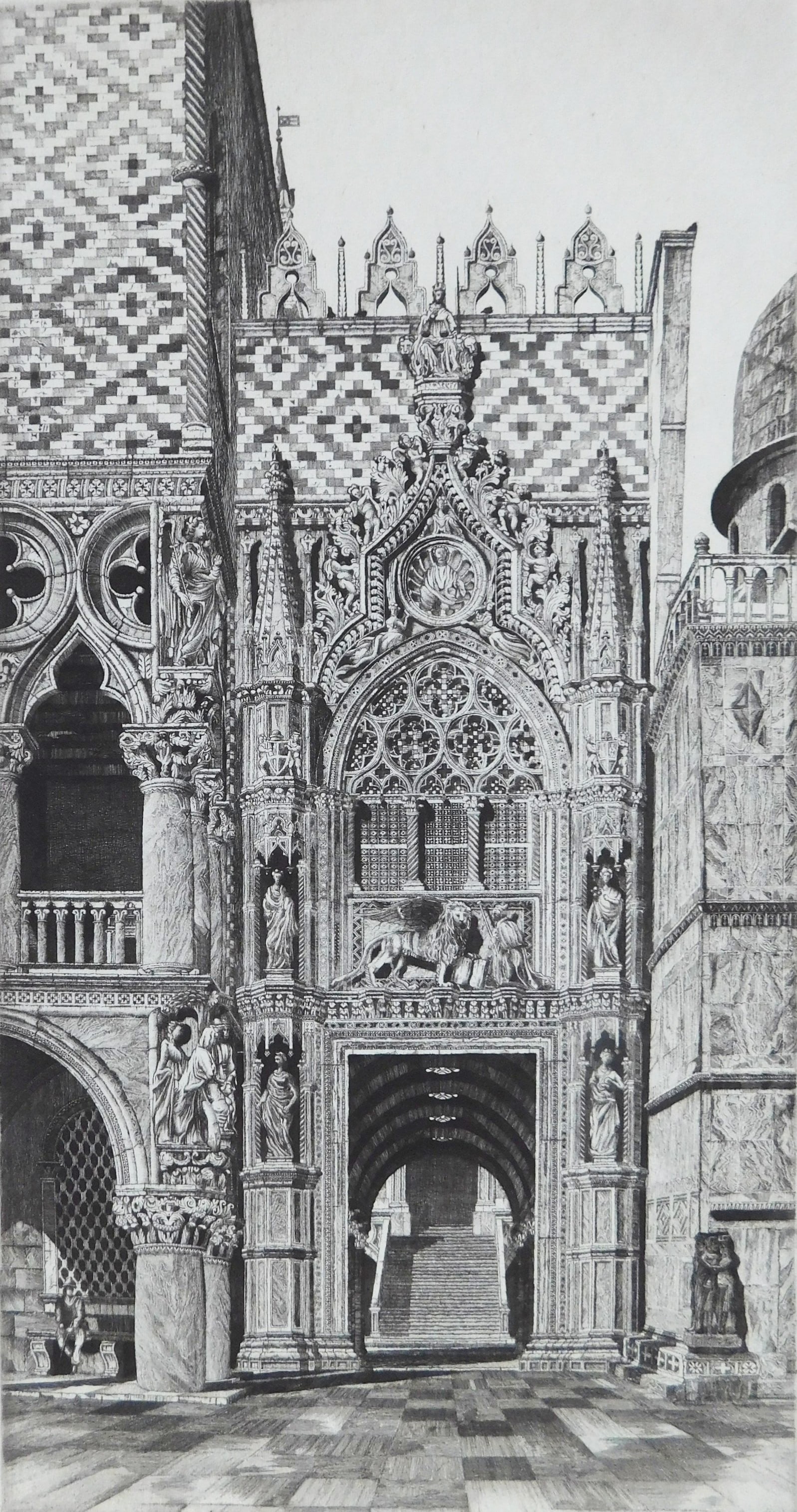John Taylor Arms (American, 1887- 1953) etching: The Enchanted Doorway etching on light green paper, signed, dated and annotated 'Ed. 100' in pencil, total edition of 148, Italian Series #15. 12 3/8 x 6 9/16'' Illustrated on p. 170 i