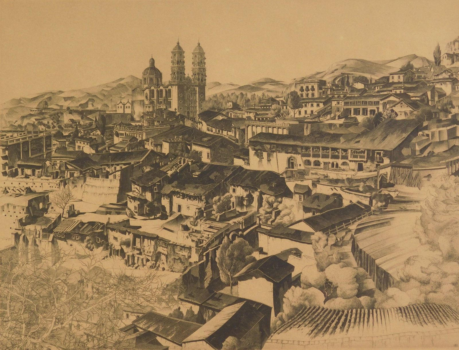 John Taylor Arms (American 1887-1953) etching: Light and Shade, Taxco etching, 1946, signed and dated in pencil, total edition of 279, Mexican Series #2. 10 1/2 x 13 3/4'' Literature: Fletcher 394 Provenance: Private collection- Brecksvill