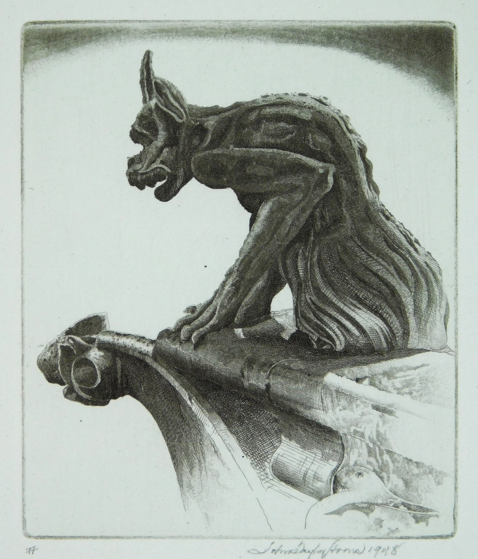 John Taylor Arms (American, 1887-1953) etching: Une Chimere etching, 1947, signed and dated in pencil, edition of 226, Miniature series #38; Gargoyle series #14, matted and framed. 3 x 2 1/2'' Literature: Fletcher 408 Provenance: Private co