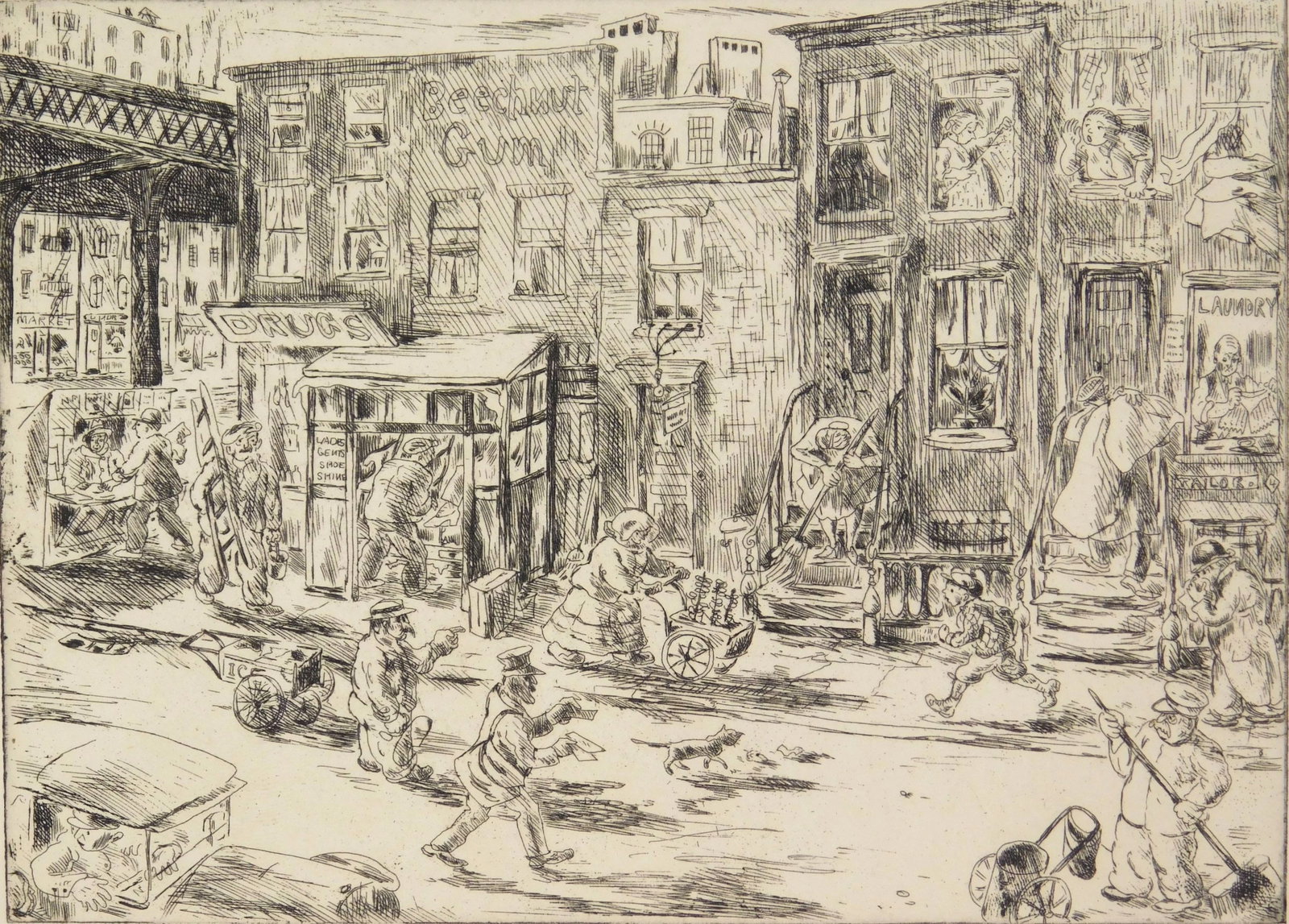Peggy Bacon (American, 1895-1987) etching: Matinale etching, 1931, signed and titled in pencil, small edition. 5 x 6 15/16" Literature: Flint 100 Provenance: Private collection- New York, NY *** PLEASE READ: IMPORTANT NOTE About S