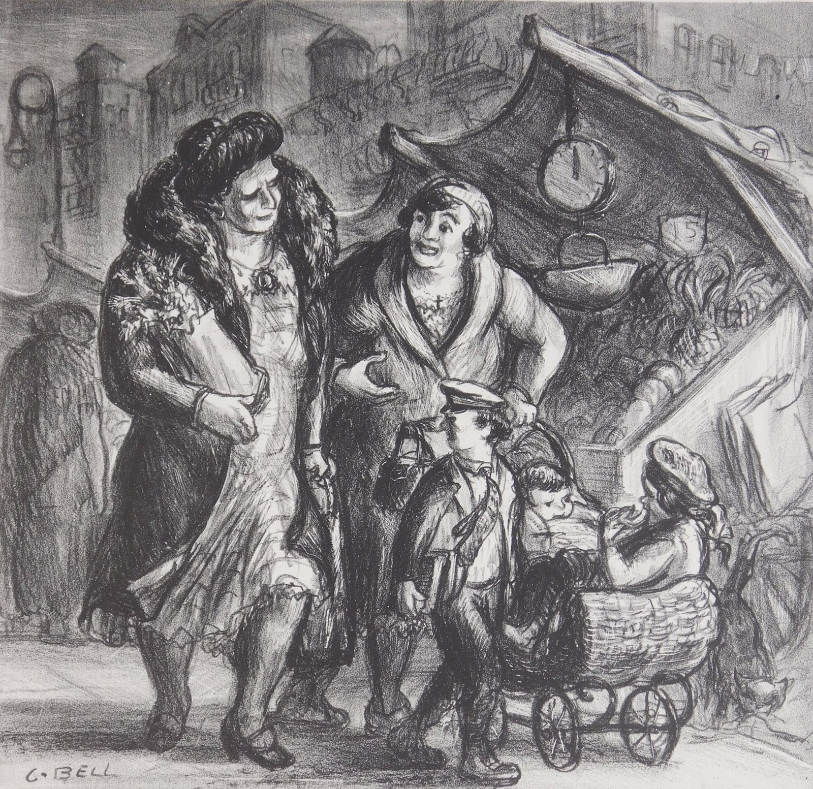 Cecil Bell (American, 1906-1970) lithograph: Market Shopping- Lower East Side, NY lithograph, 1933, signed, dated and numbered9/15 in pencil.9 7/8 x 10 1/8" Provenance: Private collection- New York, NY *** PLEASE READ: IMPORTANT NOTE About 