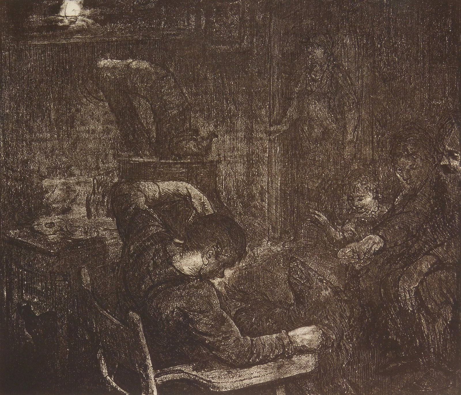 George Bellows (American, 1882-1925) lithograph: Workman's Kitchen lithograph, 1917, estate signed and initialed J. B. B.(the artist's daughter) and numbered 11 in pencil, edition of 39. 6 1/2 x 7 1/2" Literature: Mason 