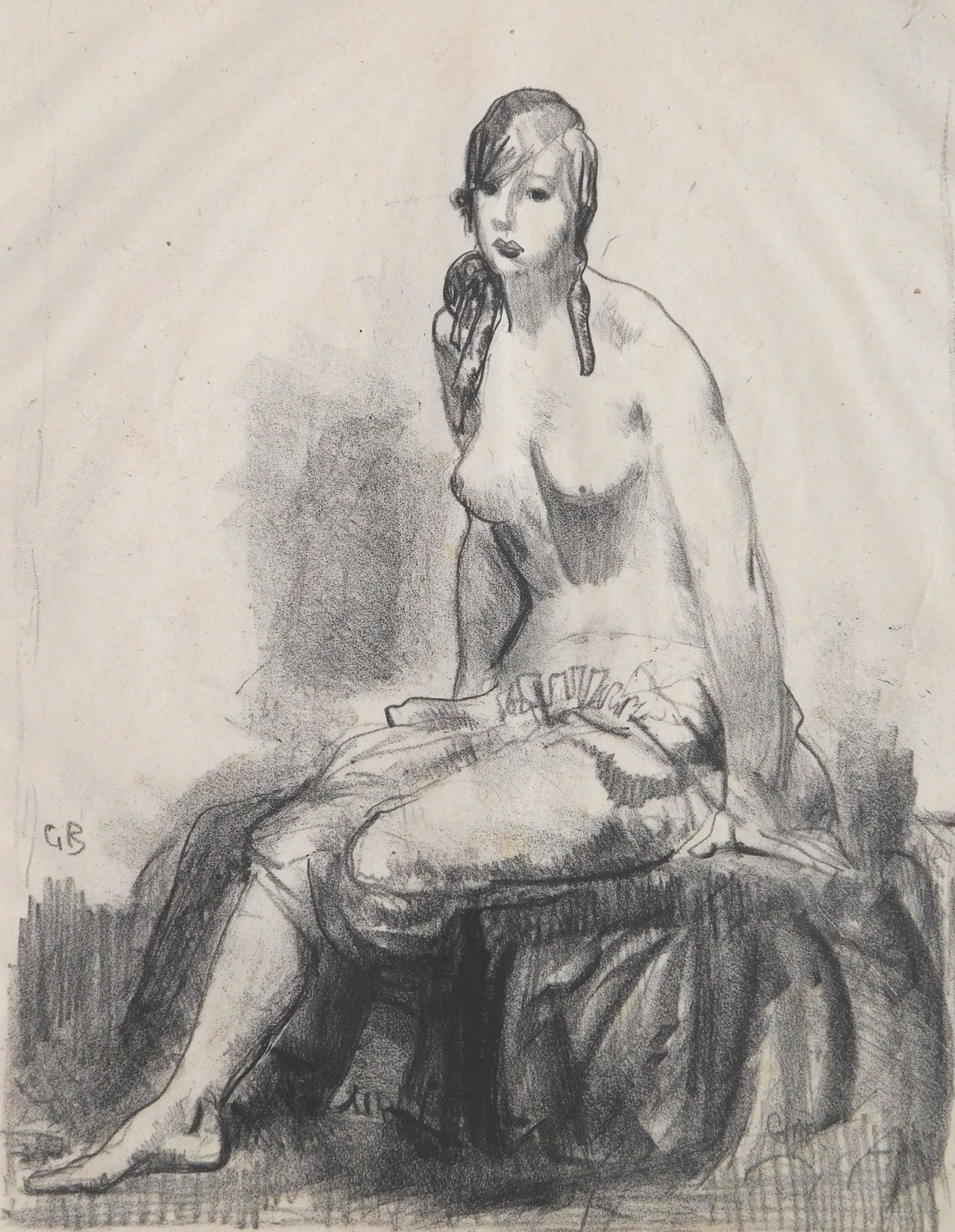 George Bellows (American, 1882-1925) lithograph: Morning Nude Sketch lithograph on cream wove paper, 1921, signed in pencil lower right and signed by the printer, Bolton Brown and inscribed imp in pencil lower left. 9 1/2 x 7 1/4&quo
