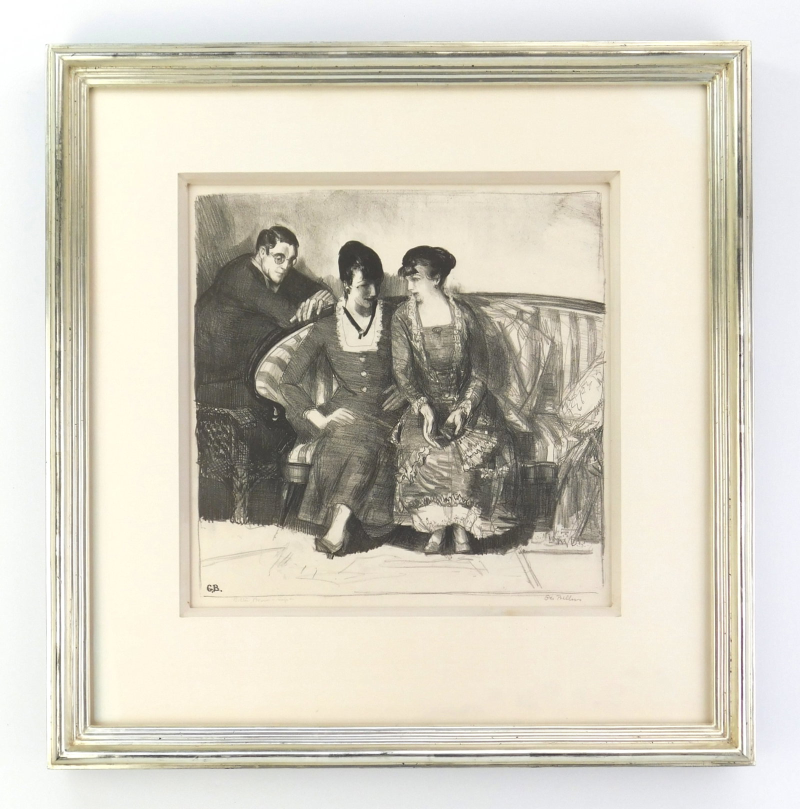 George Bellows (American, 1882-1925) lithograph: Emma, Elsie, and Gene lithograph, 1921, signed in pencil, also signed by the printer Bolton Brown in pencil, edition of 36. 11 1/2 x 11 1/2" This image depicts the artist's wife and Els