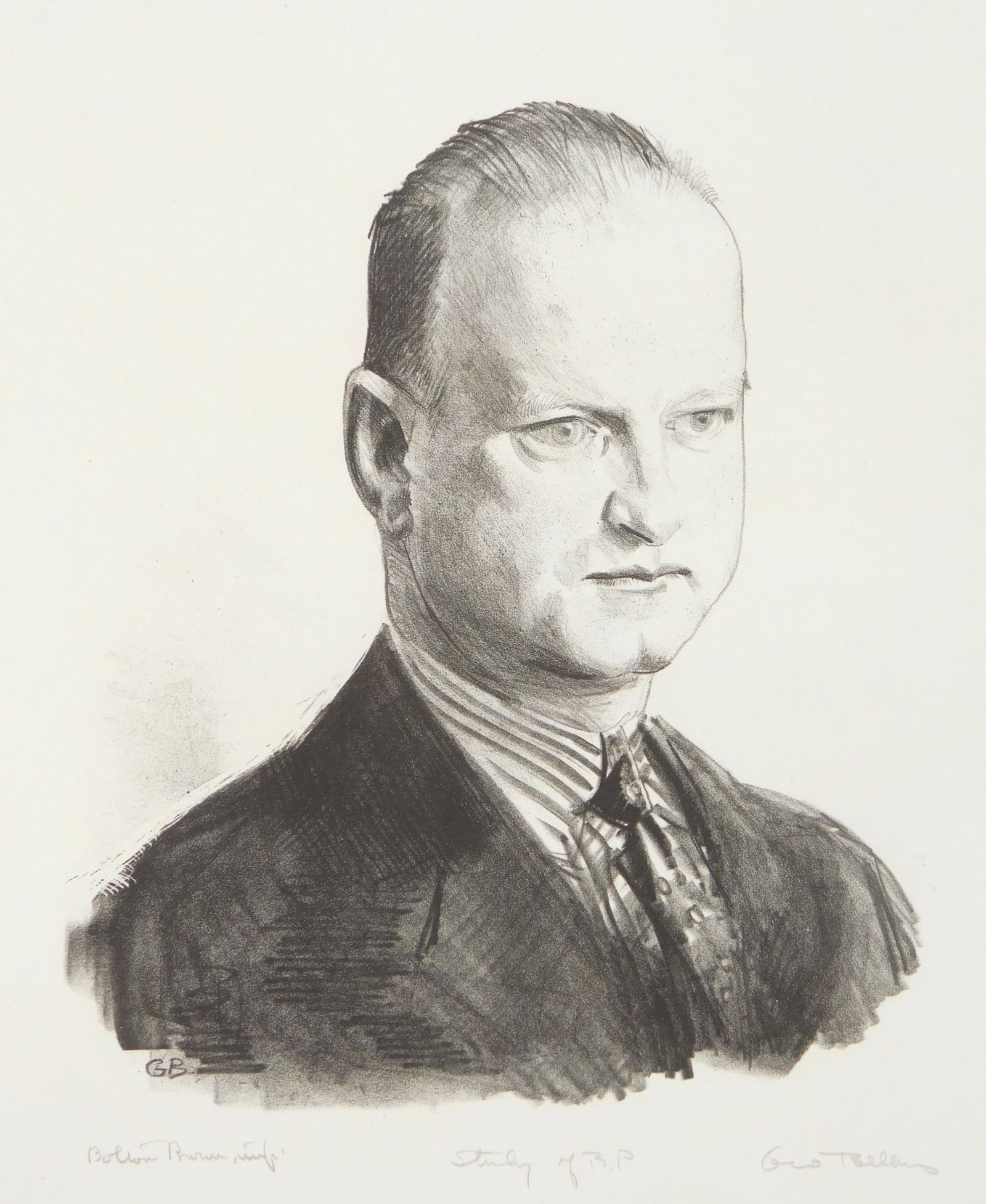 George Bellows (American, 1882-1925) lithograph: Study of B. P. lithograph, 1923, signed and titled in pencil, also signed in pencil by the printer Bolton Brown, edition of 49. 12 1/2 x 9 1/2" (sheet) Literature: Mason 133 Provenance: Pri