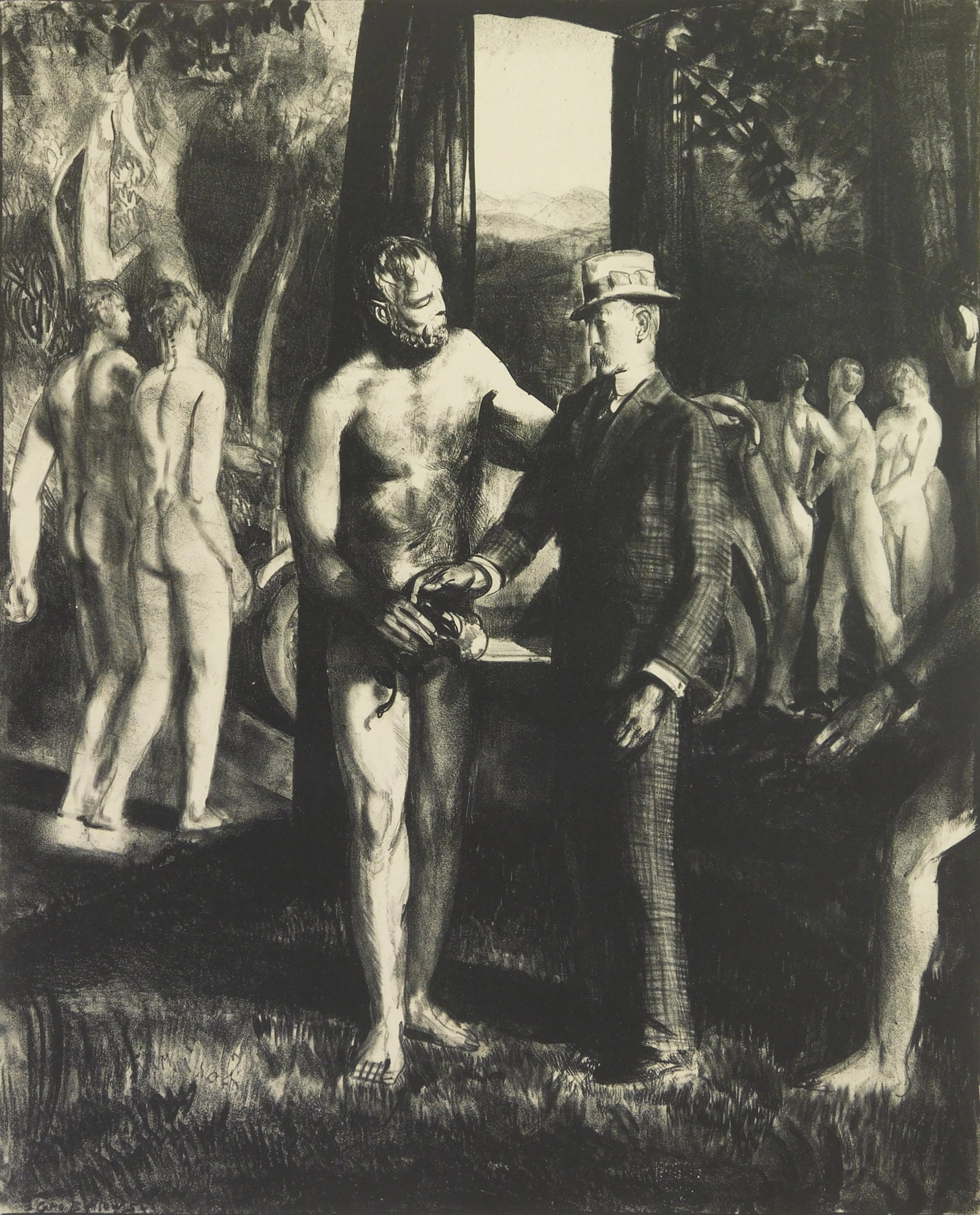 George Bellows (American, 1882-1925) lithograph: Final Instructions lithograph, 1923, signed in pencil, also signed by the printer Bolton Brown in pencil, from the Men Like God series. 19 1/2 x 15 3/4" Literature: Mason 166 Prov