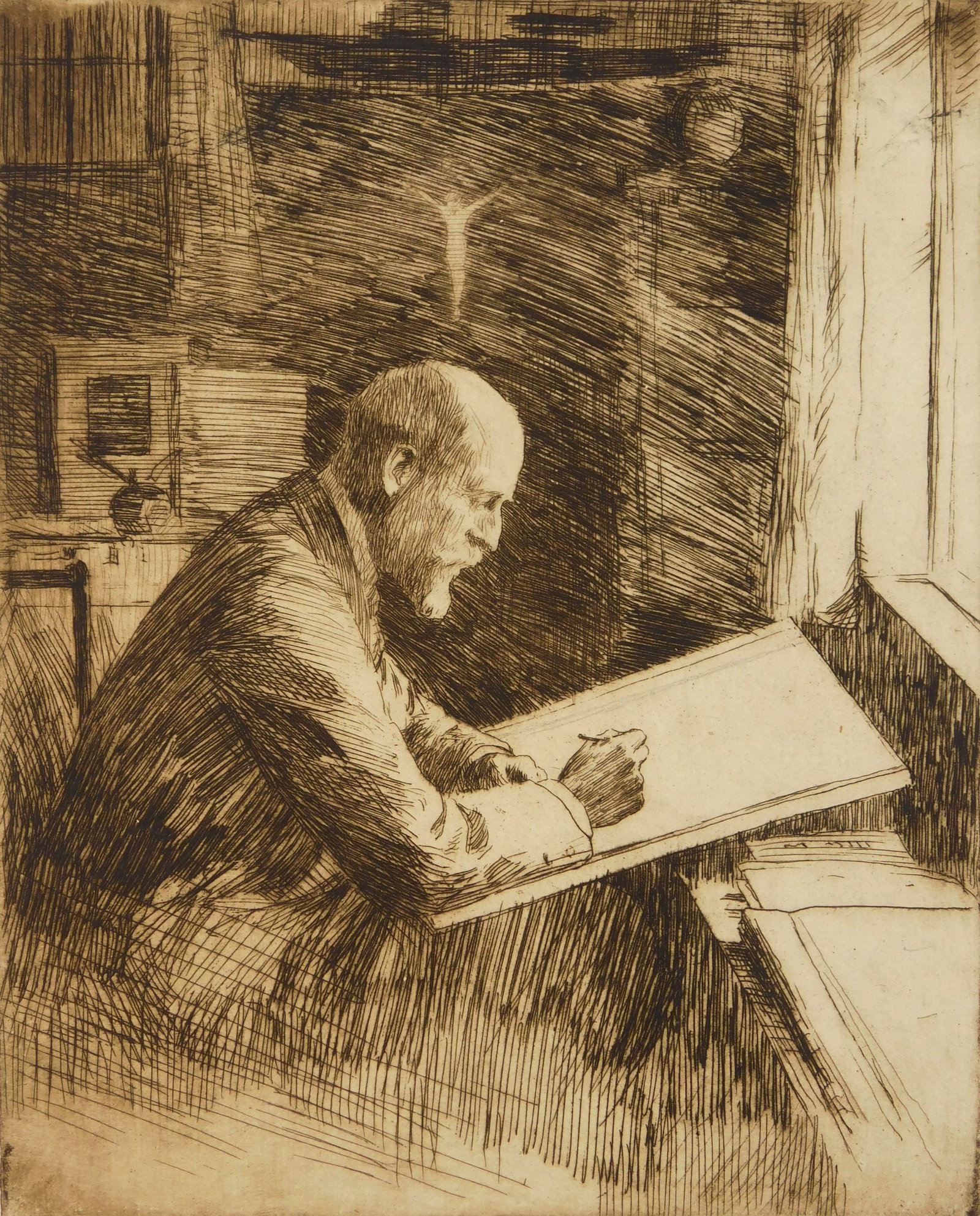Frank Benson (American, 1862-1951) etching: Portrait of Charles Martin Loeffler etching, 1919, signed in pencil, one of 6 first state impressions, printed on a laid Van Gelder paper, edition of 20 9 7/8 x 8" Literature: Ordeman 156 P