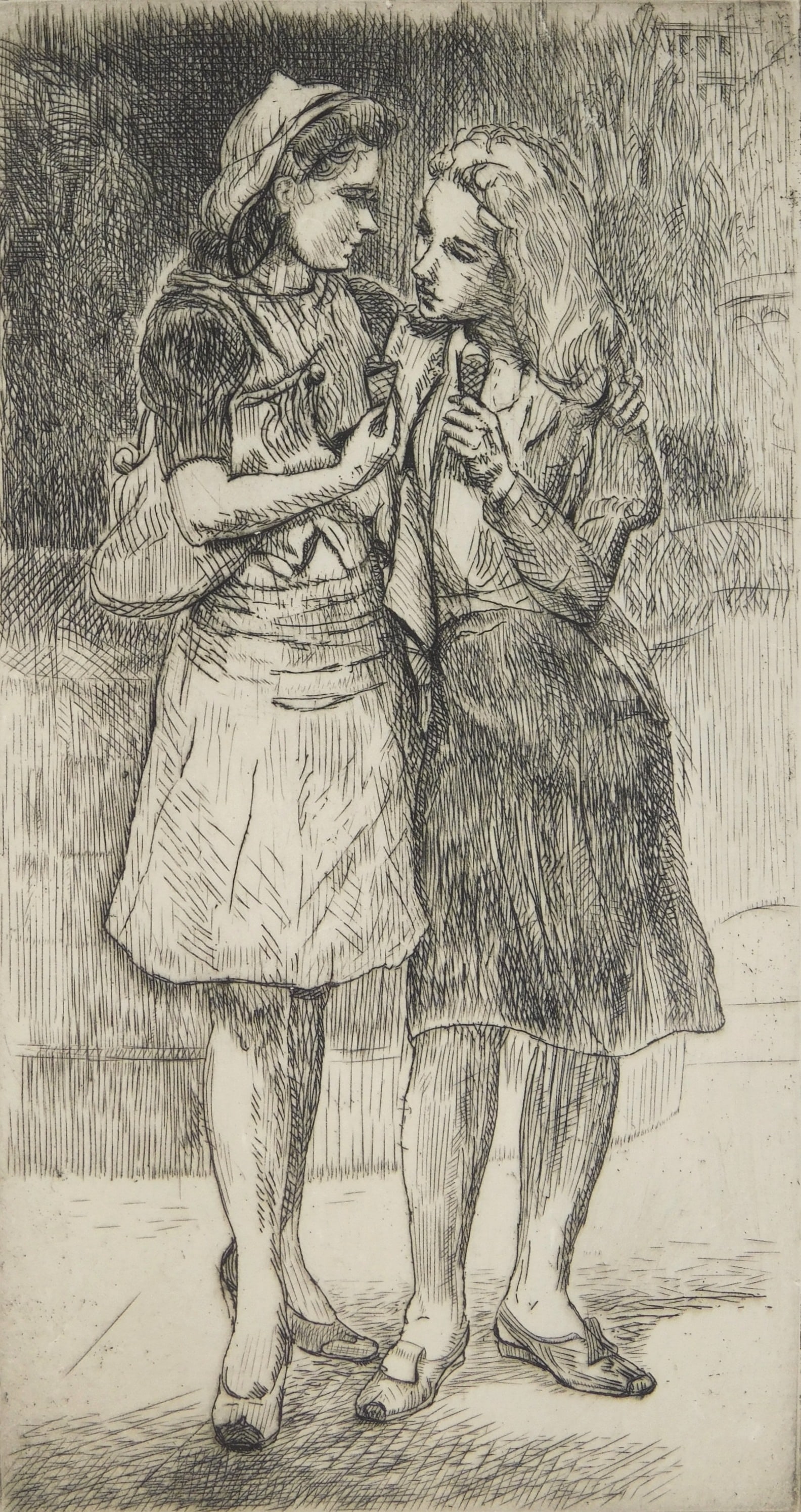 Isabel Bishop (American, 1902-1988) etching: Friends etching, 1942, signed in pencil, printed by the artist. 7 5/8 x 4" Literature: Teller 29 Provenance: Private collection- Peterborough, NH *** PLEASE READ: IMPORTANT NOTE About S&H ***</
