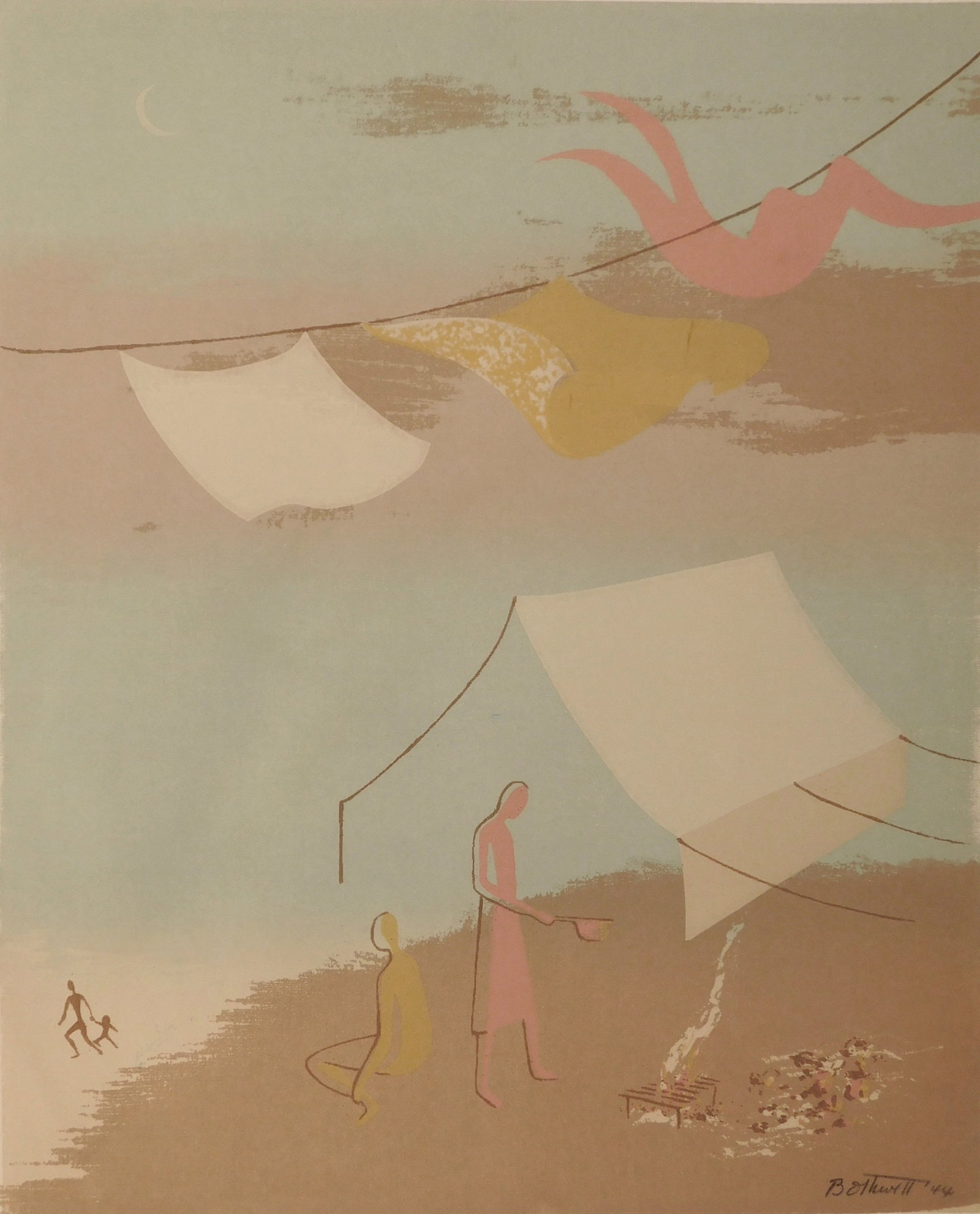 Dorr Bothwell (American, 1902-2000) silkscreen: Camping by the Shore silkscreen in colors, 1944, signed, dated, titled and numbered 29/50 in pencil. 12 x 9 3/4" Provenance: Private collection- New Orleans, LA *** PLEASE READ: IMPORTANT NOTE Ab