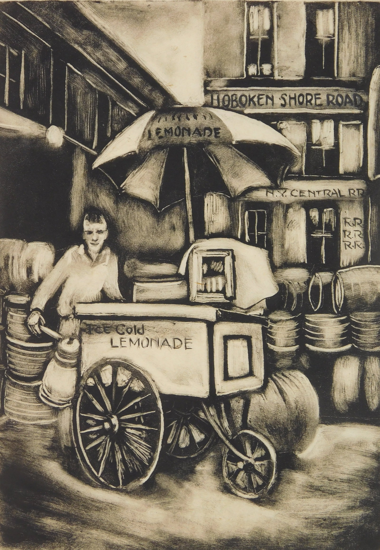 Effie Rogers Bowie (American, 20th c.) monoprint: Lemonade Seller, Hoboken, N. J. monotype with white highlights. 9 7/8 x 6 7/8" Provenance: Private collection- New York, NY Estate of the artist, with a letter of authentication.