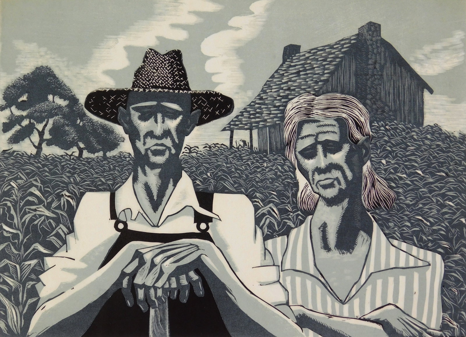 Louis Breslow (American,1908-2011) wood engraving: Tenant Farmers wood engraving in two colors, signed 'Barlow' and titled in pencil, done for the WPA/FAP NYC. 7 7/8 x 10 7/8'' Reproduced in Francey, Depression Printmakers as Workers (