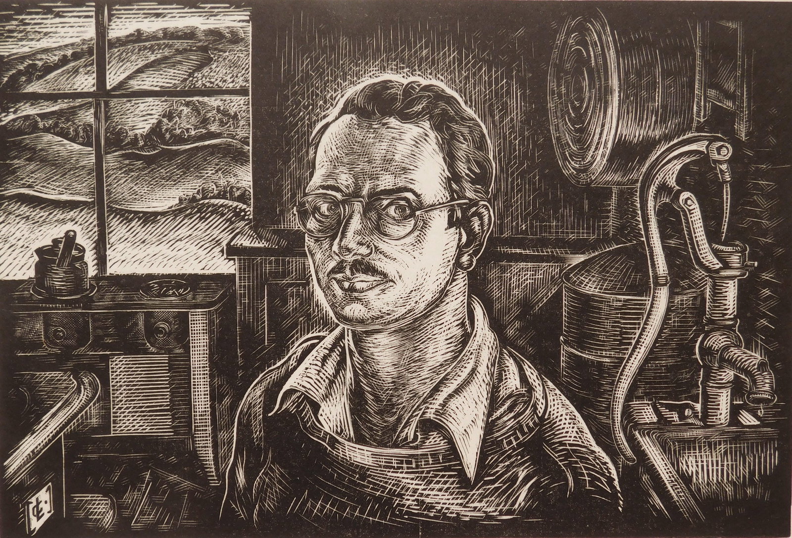 Letterio Calapai (American, 1901-1993) wood engraving: Self-Portrait wood engraving, 1946, signed, titled, numbered and inscribed 25/35, To William Dolan Fletcher in pencil. 6 x 8 7/8" Provenance: Private collection- New Orleans
