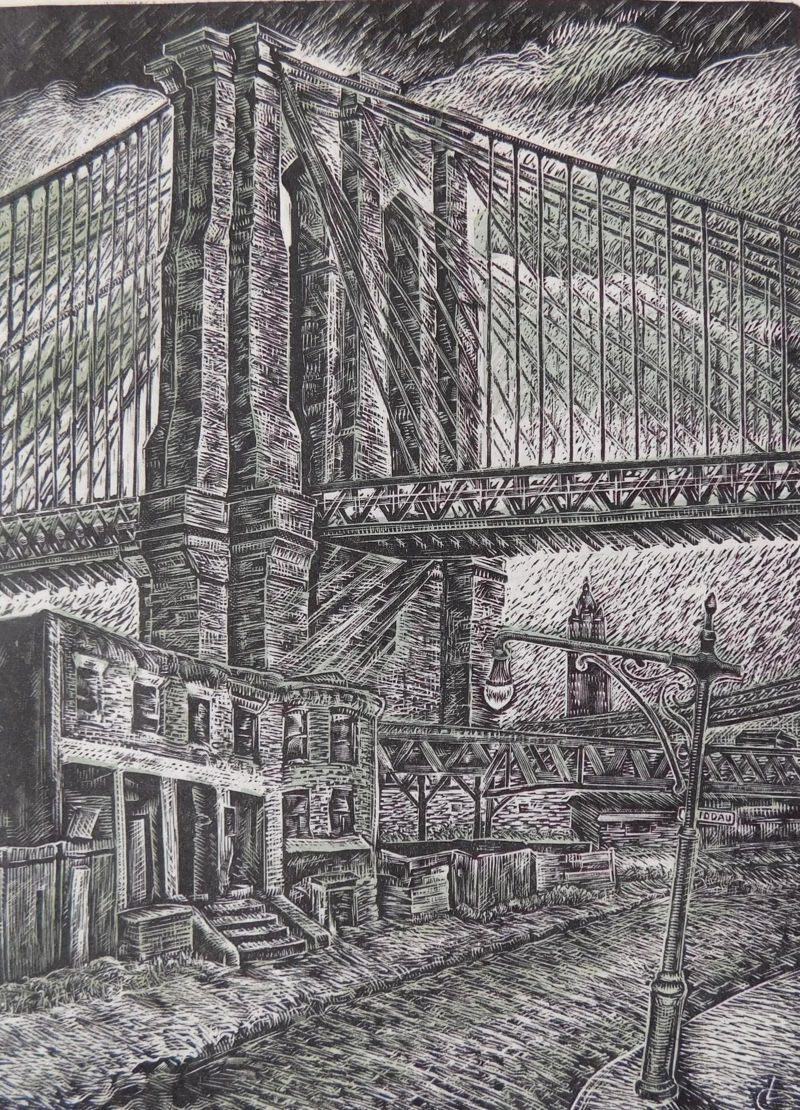 Letterio Calapai (American 1902-1993) wood engraving: The 'Bridge' from Columbia Hts, 1936' wood engraving in color, 1984, signed, dated, titled and numbered 42/100 in pencil. 8 x 6'' Provenance: Private collection- Cumberland F