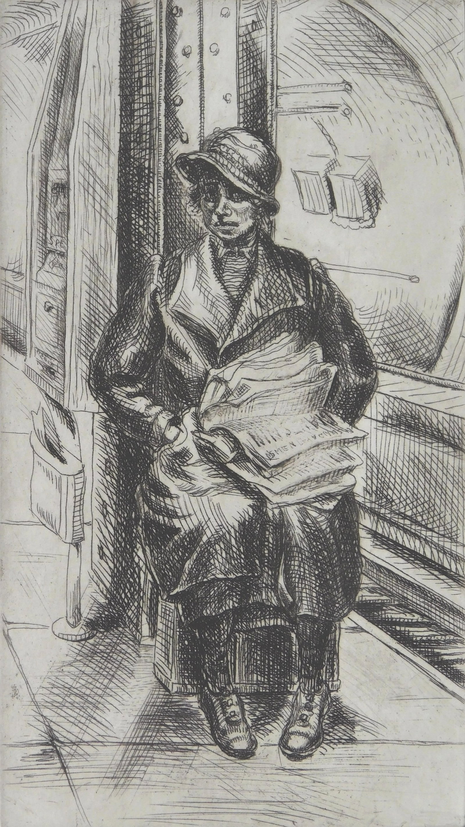 Minna Citron (American, 1896-1991) etching: An Honest Living etching, 1934, signed, dated and numbered 3/100 in pencil. 6 x 3 3/8'' Provenance: Private collection- New Orleans, LA *** PLEASE READ: IMPORTANT NOTE About S&H *** S&H