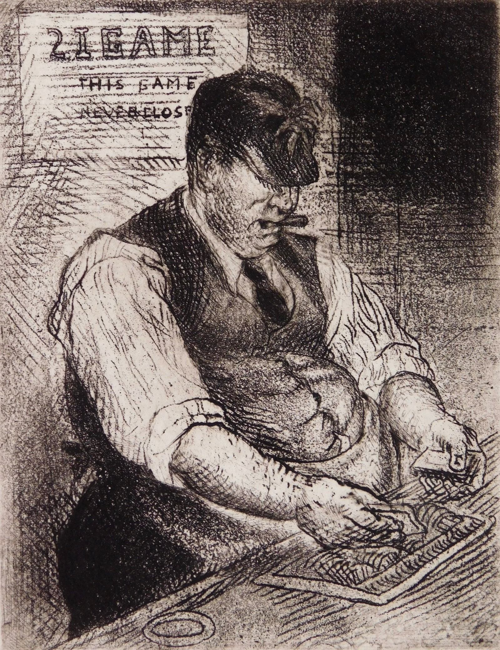 Minna Citron (American, 1896-1991) etching: Dealer soft-ground etching, 1985, signed and numbered 65/100 in pencil, from the portfolio Eight Prints 1934-1945, from the second edition printed by June 1 Gallery. 6 x 4 1/2" P