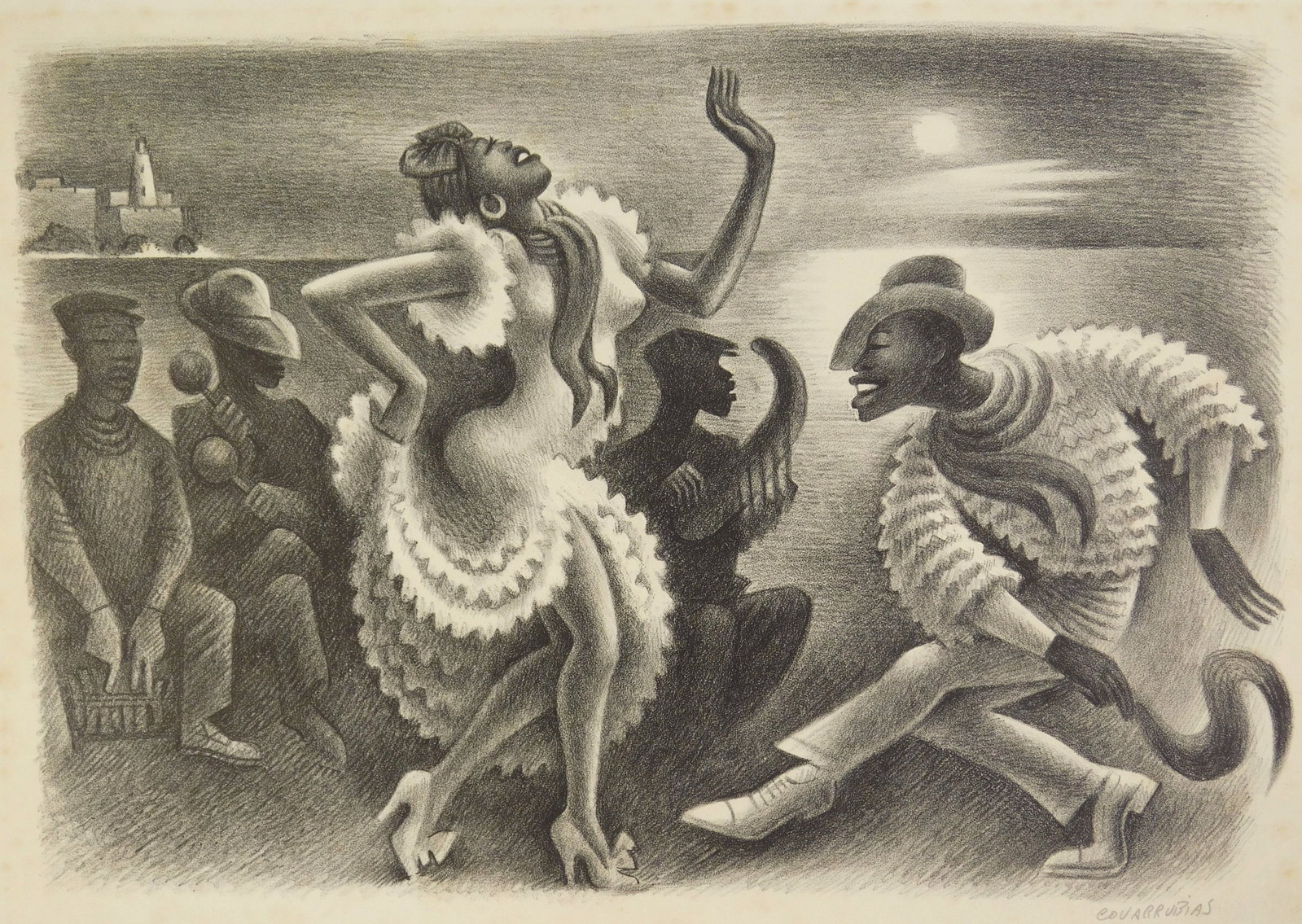 Miguel Covarrubias (Mexican, 1904-1957) lithograph: Rumba lithograph, 1940, signed in pencil, published by AAA in 1945, in an edition of 250. 9 1/8 x 13 1/2'' Provenance: Private collection- Brecksville, OH *** PLEASE READ: IMPORTANT NOTE