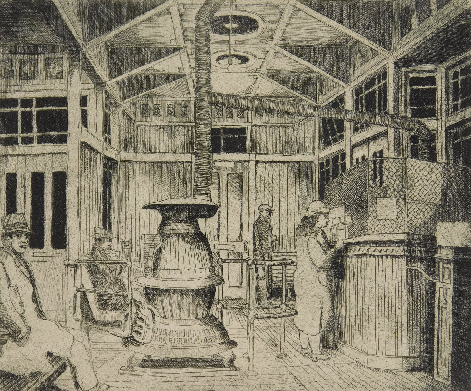 John De Pol (American, 1913-2004) etching: Station on 9th Avenue Elevated- New York (1938) etching, 1942, signed, dated and titled in ink, edition small (1 of only 2 proofs in the artist's estate Provenance: Private collection- New York, N