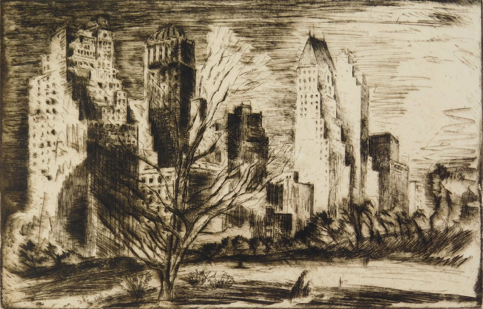 Werner Drewes (American, 1899-1985) etching: Central Park West etching, 1933, signed, dated and numbered I-XXX in pencil. 9 x 13 3/4" Literature: Rose 188 Provenance: Private collection- New York, NY *** PLEASE READ: IMPORTANT NOTE