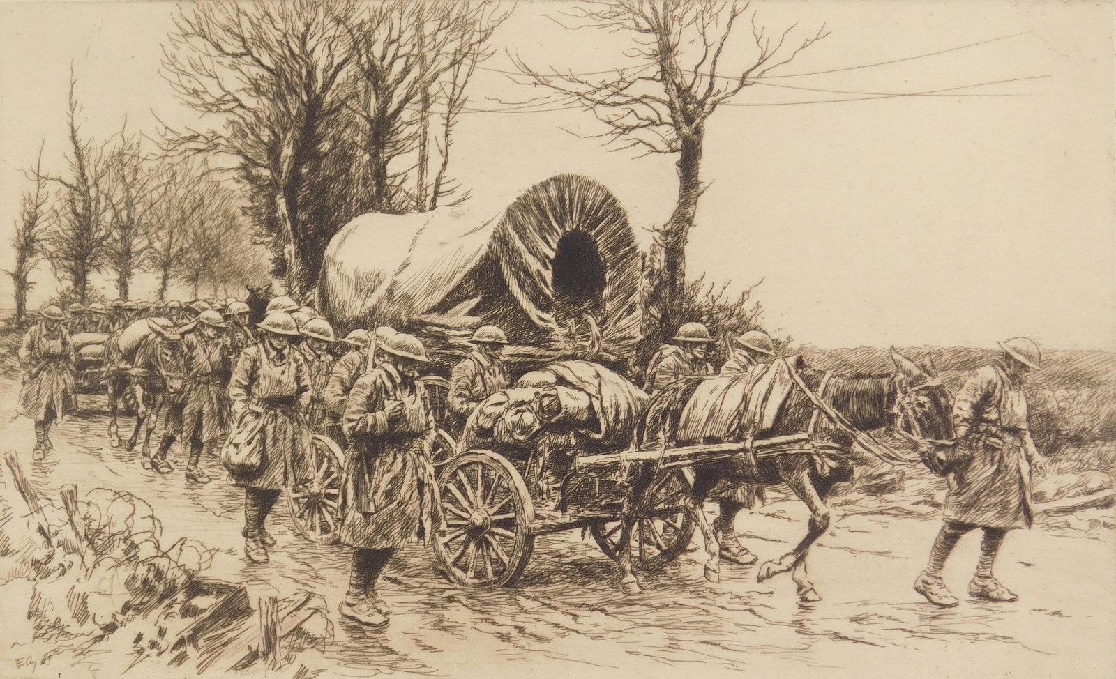 Kerr Eby (Canadian, 1890-1946) etching: Machine Guns etching, 1921-22, signed in pencil, edition of 75. 7 x 11 9/16" Literature: Giardina 64 Provenance: Private collection- New Orleans, LA *** PLEASE READ: IMPORTANT NOTE About S&H **