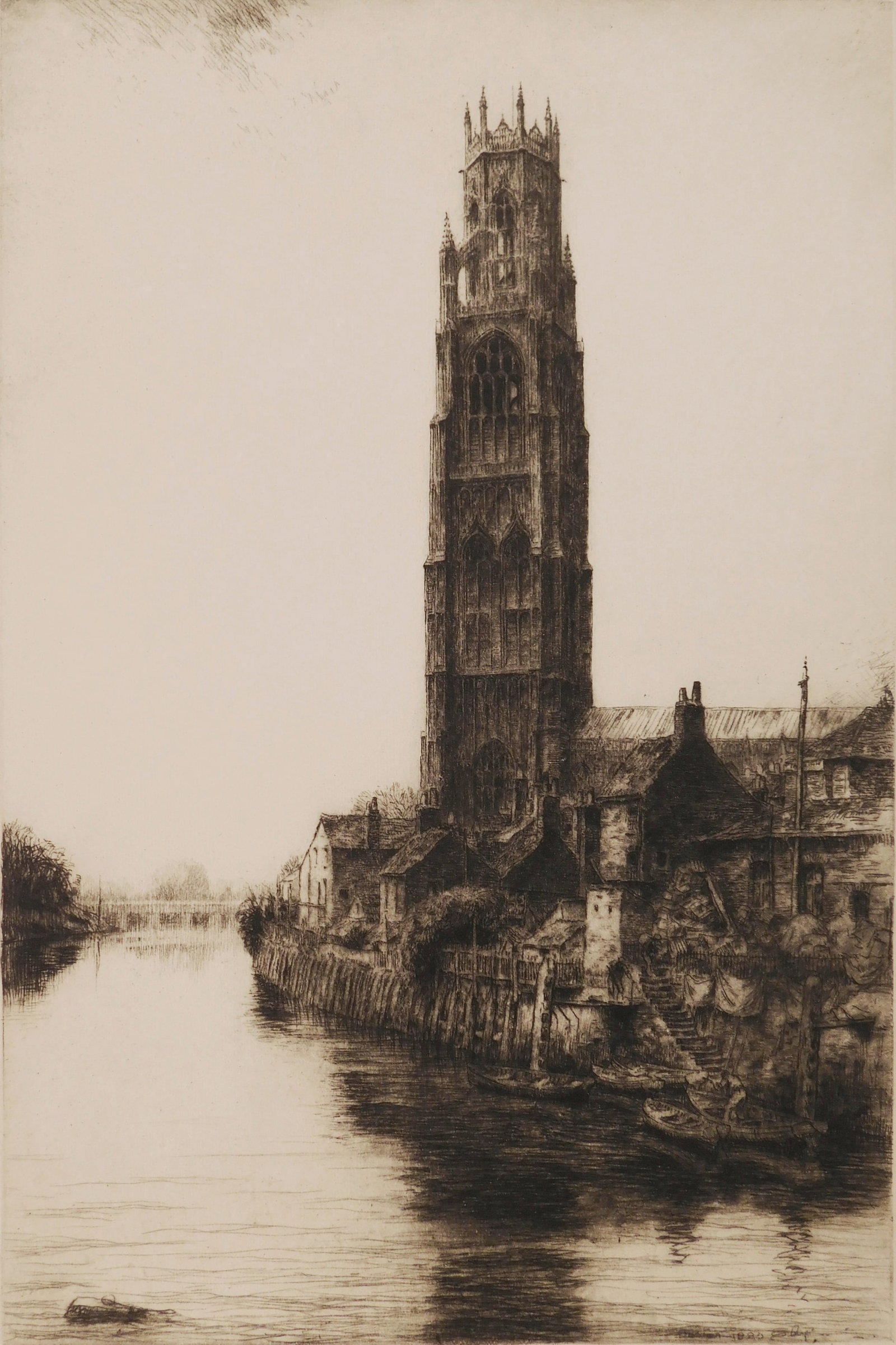 Kerr Eby (Canadian, 1890-1946) etching: Boston Stump etching, 1925, signed and annotated Ed. 90 in pencil. 14 1/8 x 9 3/8" Literature: Giardina 97 Provenance: Private collection- New Orleans, LA *** PLEA