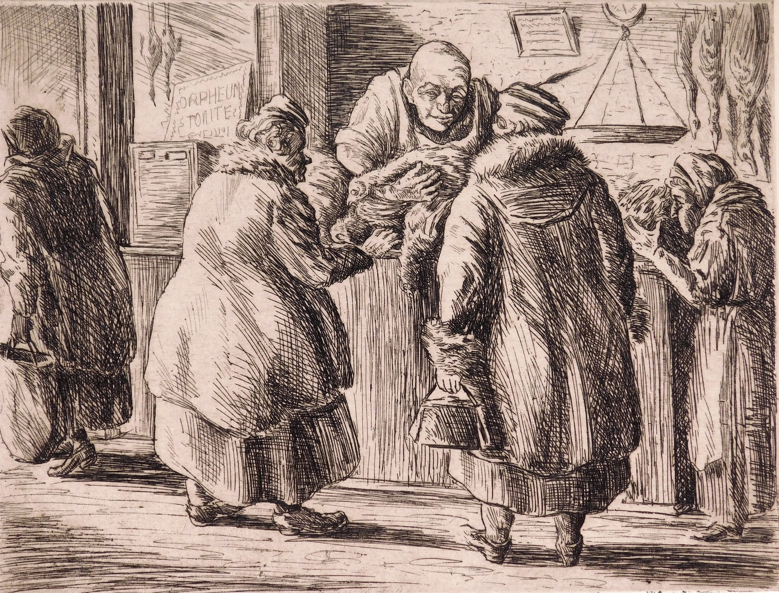 Isaac Friedlander (American, 1890-1968) etching: Chicken Market etching, 1939, signed, dated, titled and numbered 15/25 in pencil. 8 x 10 1/2" Provenance: Private collection- New York, NY *** PLEASE READ: IMPORTANT NOTE About S&H ***