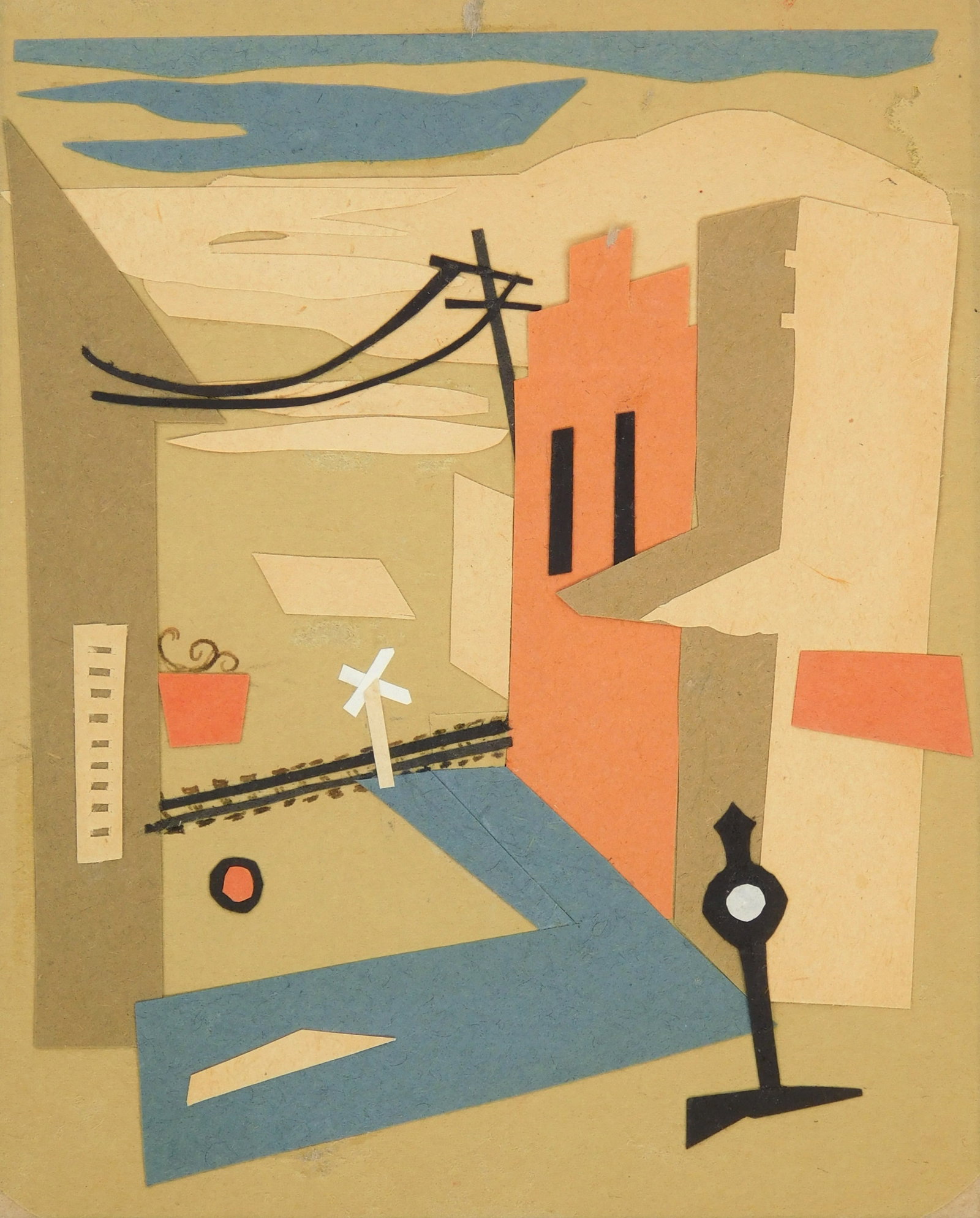 Kathryn Fulwider (American, 1915-2003) collage: Train Tracks paper collage, estate stamped, drawing on verso. 5 1/2 x 4 1/2" Provenance: Private collection- Tuscon, AZ *** PLEASE READ: IMPORTANT NOTE About S&H *** S&H of this au