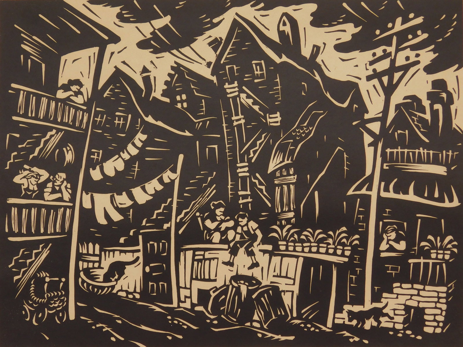 Samuel Greenburg (American, 1905-1980) linocut: A Breath of Air linocut, signed, titled and numbered 119/130 in pencil. 9 x 12'' Provenance: Private collection- Cleveland, OH The Robert Whitman collection of Wood Engravings *** PL