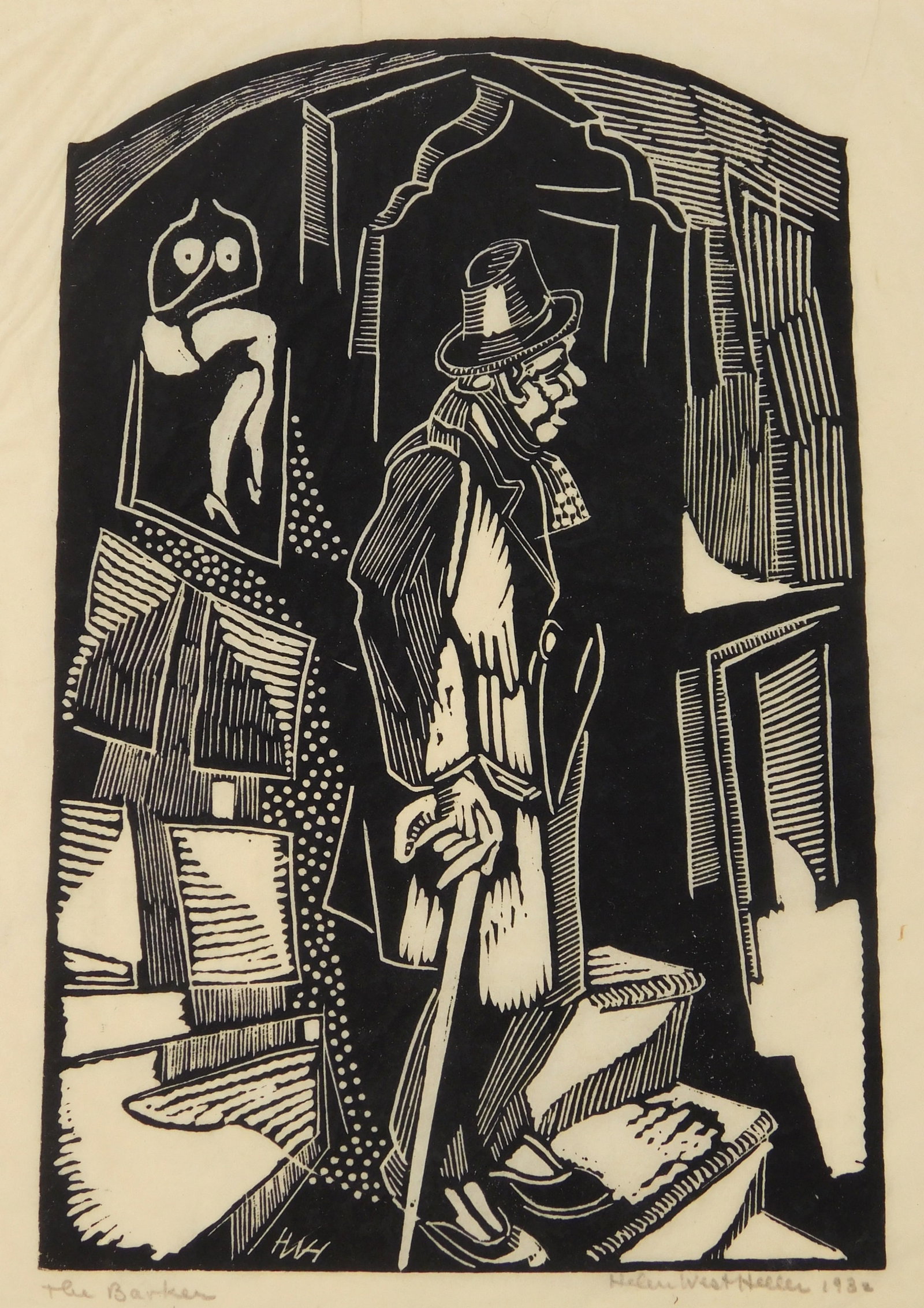 Helen West Heller (American, 1872-1955) wood cut: The Barker woodcut, 1932, signed, dated and titled on pencil. 8 1/2 x 5 3/4" Provenance: Private collection- New York, NY *** PLEASE READ: IMPORTANT NOTE About S&H *** S&H of this